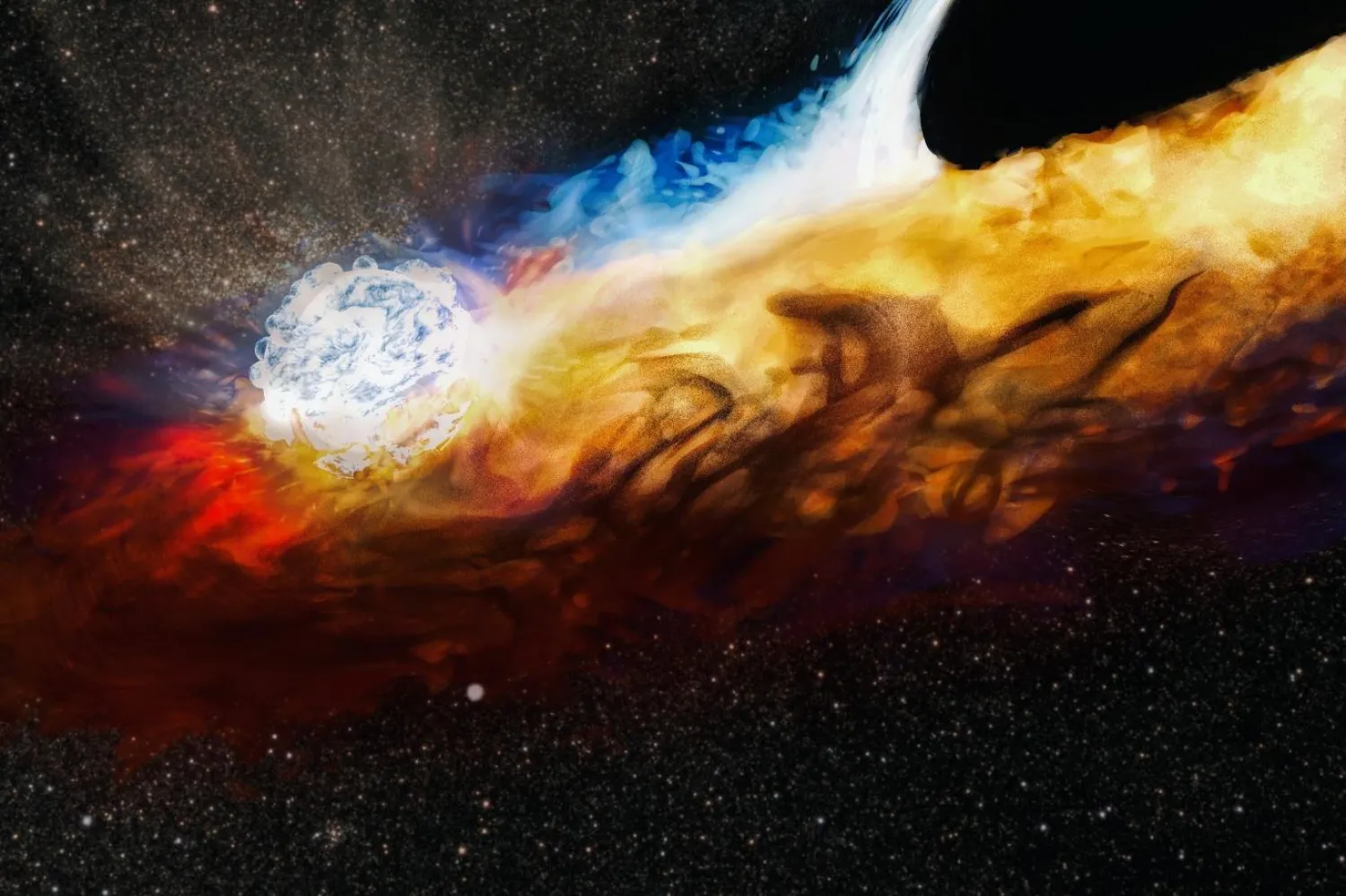 Kara deliğin etrafında oluşan disk, zamanla dışa doğru genişleyerek başka bir cisimle çarpışmaya başladı (NASA)