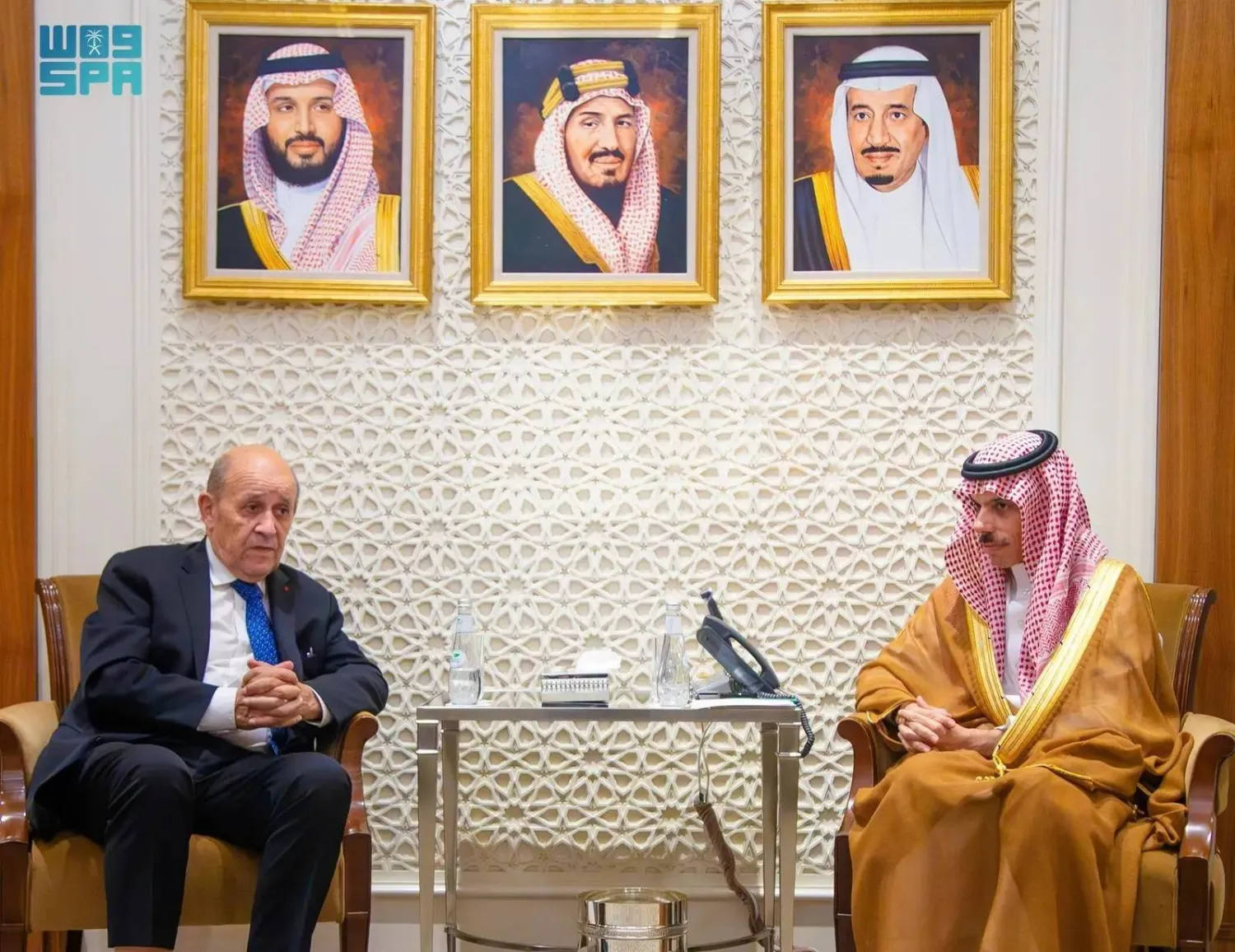 Saudi Minister of Foreign Affairs Prince Faisal bin Farhan bin Abdullah receives the French President's Special Envoy to Lebanon Jean-Yves Le Drian in Riyadh on Wednesday. (SPA)