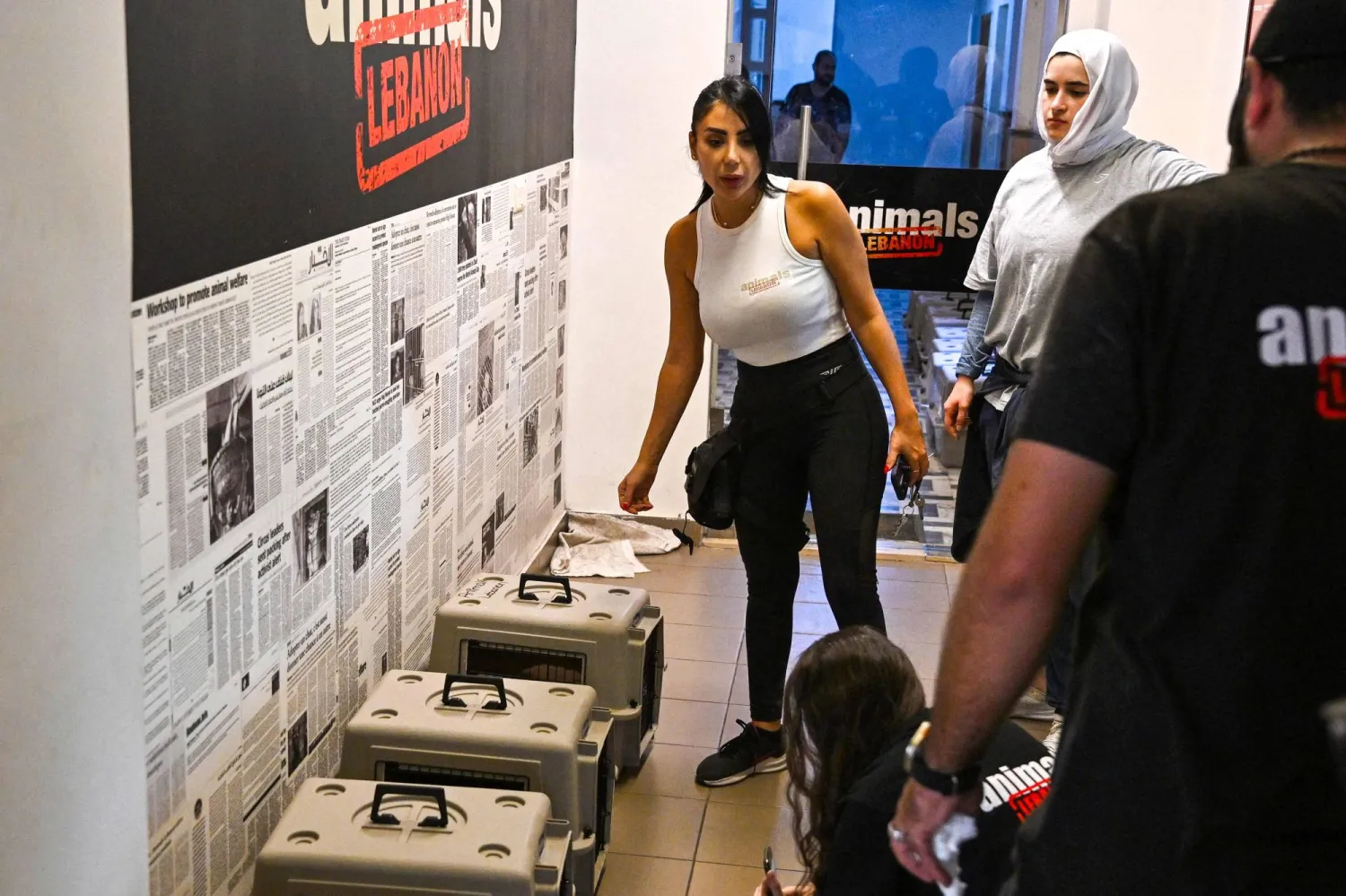 ناشطون من جمعية Animals Lebanon ومعهم أقفاص فيها قطط أنقذوها من الضاحية الجنوبية لبيروت (أ.ف.ب)