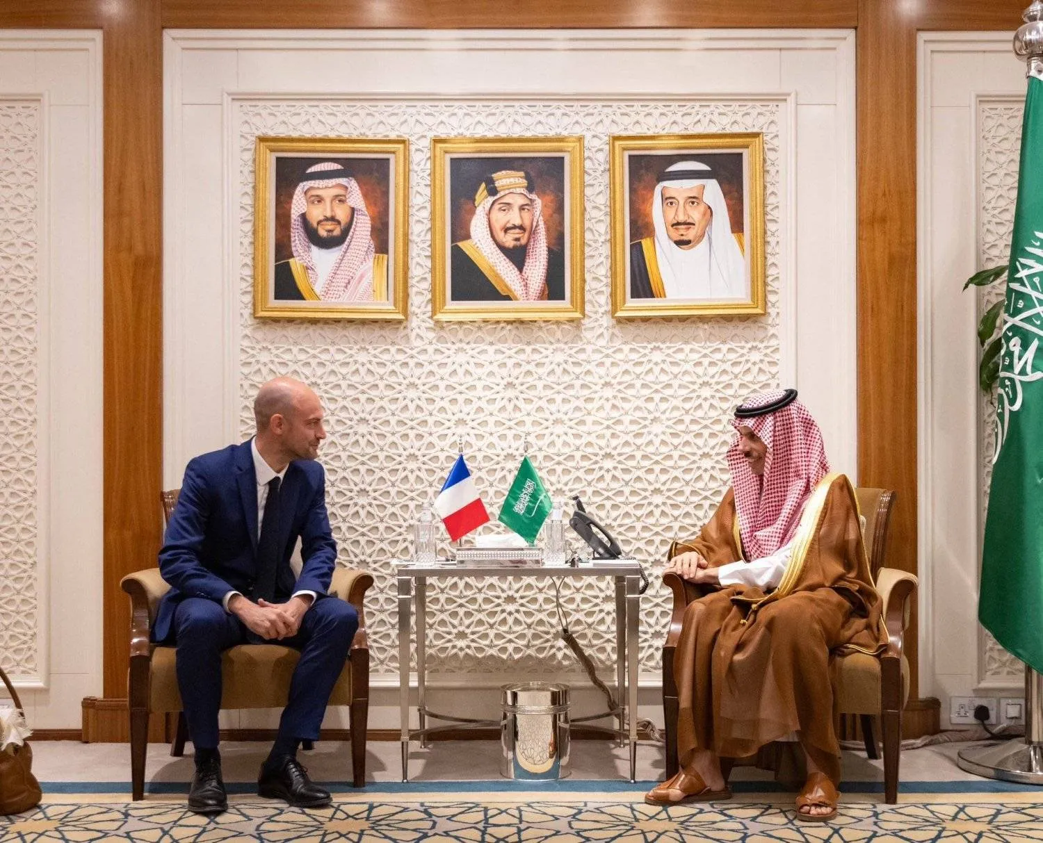 Saudi Foreign Minister Prince Faisal bin Farhan bin Abdullah held talks with French Minister for Europe and Foreign Affairs, Jean-Noël Barrot. (SPA)