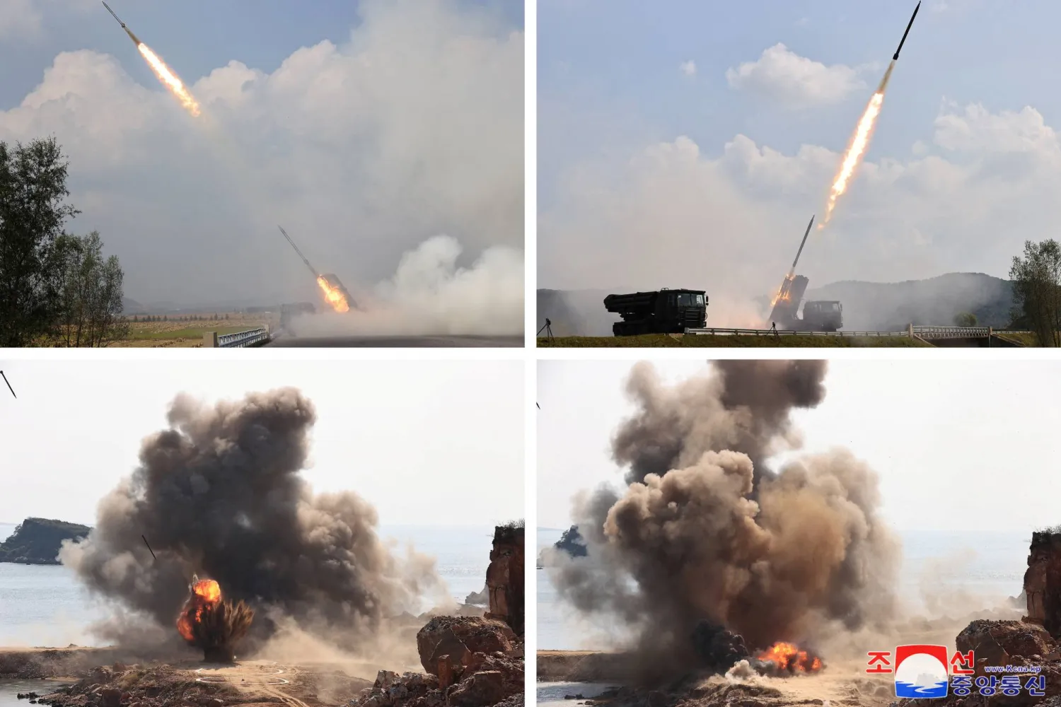 صور وزعتها وكالة الأنباء المركزية الكورية الشمالية للجيش الكوري الشمالي خلال تجاربه على قذائف موجهة من عيار240 مليمترا (رويترز)