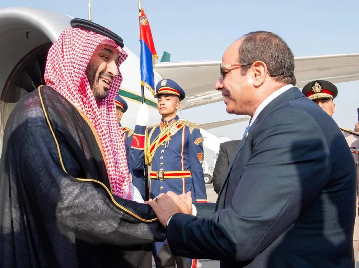 Prince Mohammed bin Salman, Crown Prince and Prime Minister of Saudi Arabia, is welcomed by President Abdel Fattah al-Sisi upon his arrival in Cairo on Tuesday. (SPA)
