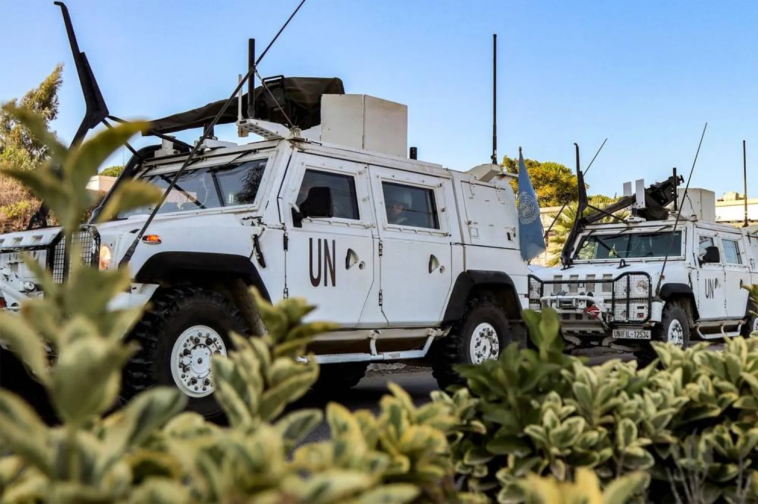 Armored vehicles of the United Nations Interim Force in Lebanon (UNIFIL) are pictured during a patrol around Marjayoun in south Lebanon on October 8, 2024. (AFP) 