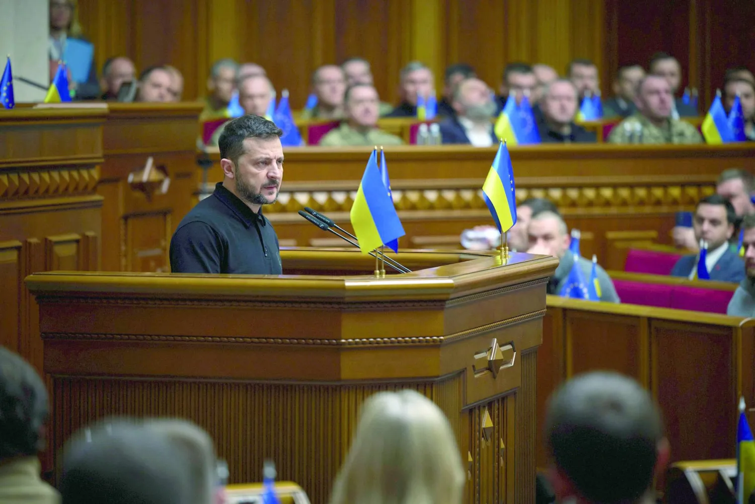 In this photo provided by the Press Service Of The President Of Ukraine on Oct. 16, 2024, Ukraine's President Volodymyr Zelenskyy speaks to parliamentarians at Verkhovna Rada in Kyiv, Ukraine. (Press Service Of The President Of Ukraine via AP)