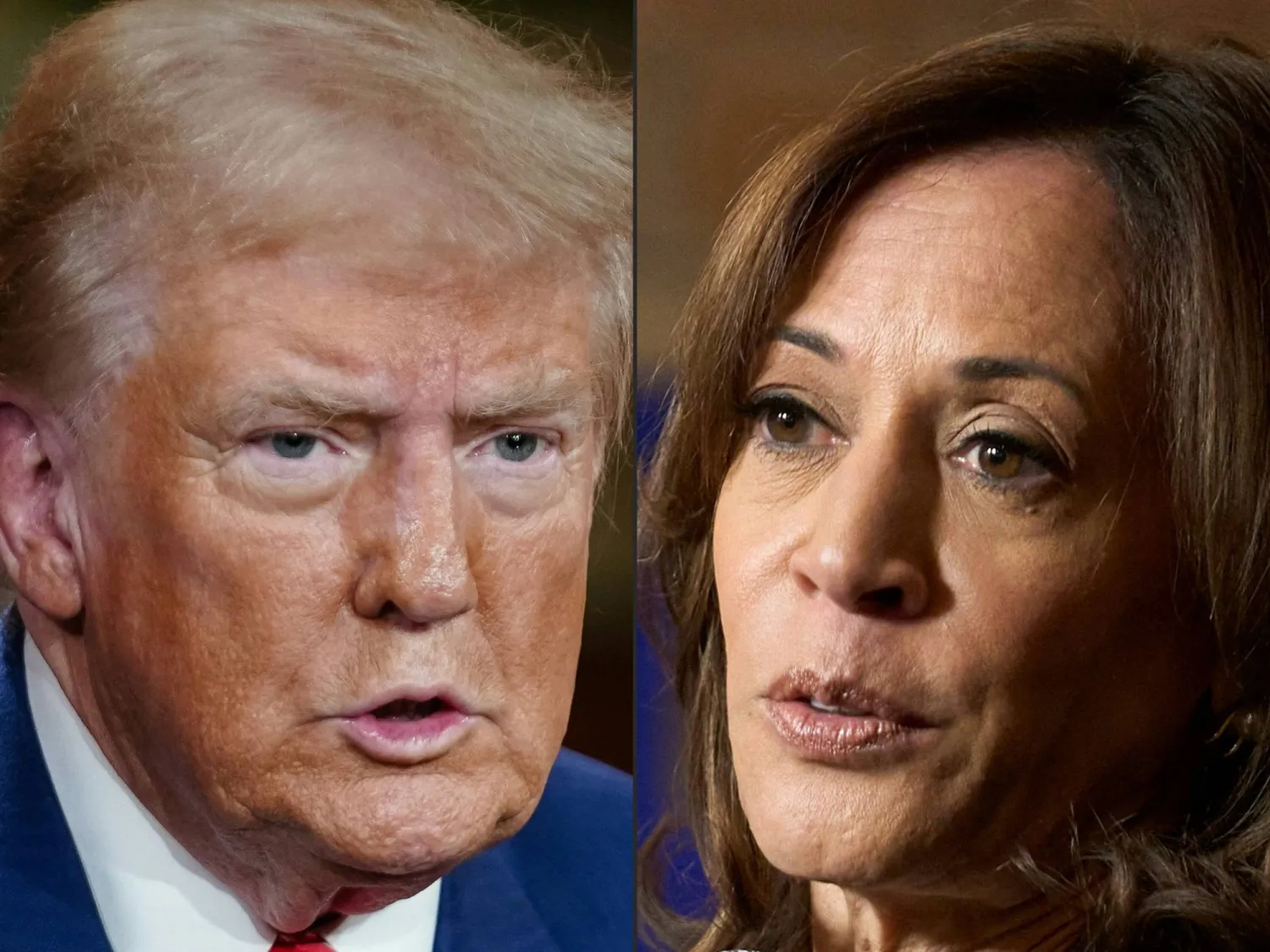 This combination of pictures created on October 16, 2024 shows former US President and Republican presidential candidate Donald Trump in Cumming, Georgia, on October 15, 2024 and US Vice President and Democratic presidential candidate Kamala Harris in Detroit, Michigan, October 15, 2024. (Photo by Elijah Nouvelage and Geoff Robins / AFP)