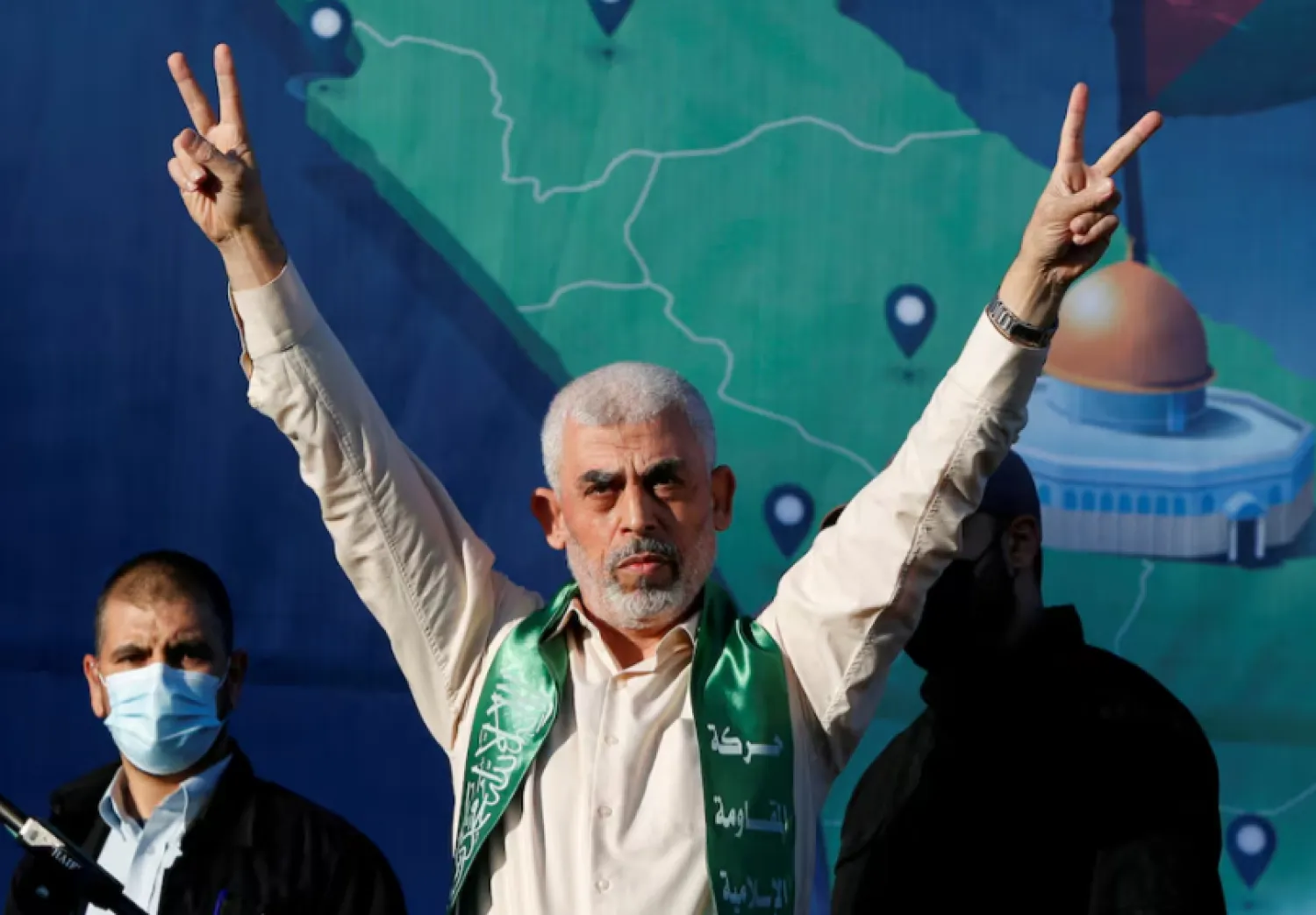 Hamas Gaza chief Yahya Sinwar gestures during an anti-Israel rally in Gaza City, May 24, 2021. REUTERS/Mohammed Salem/File Photo