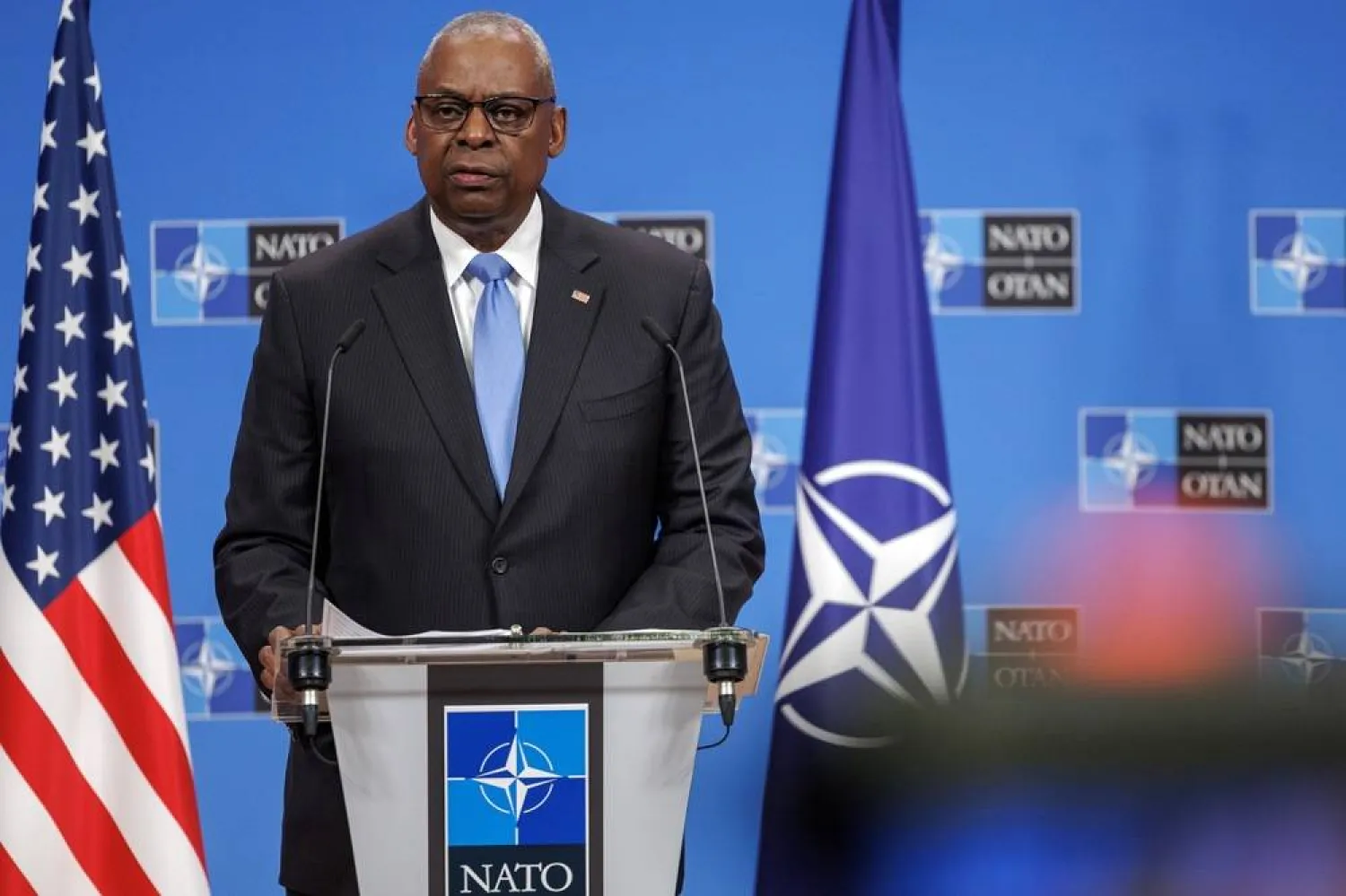 US Secretary of Defense Lloyd J. Austin III speaks during a press conference concluding the North Atlantic Treaty Organization (NATO) Defense Ministers Council at NATO Headquarters in Brussels, Belgium, 18 October 2024. (EPA)