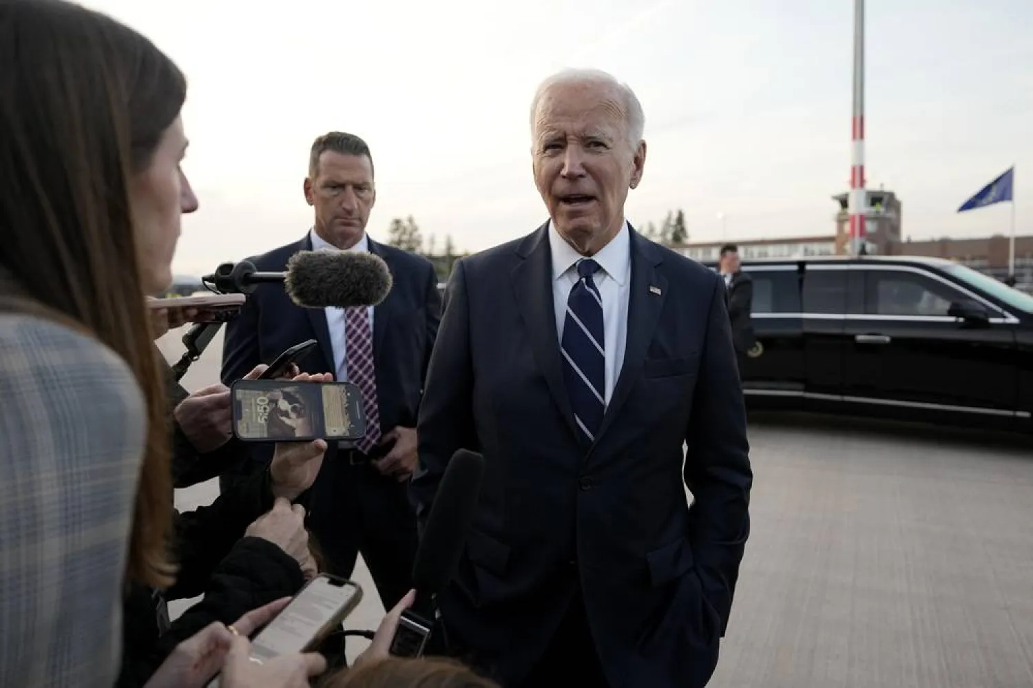  President Joe Biden talks to the media before departing from the Brandenburg Airport in Berlin, Germany, Friday, Oct. 18, 2024. (AP)