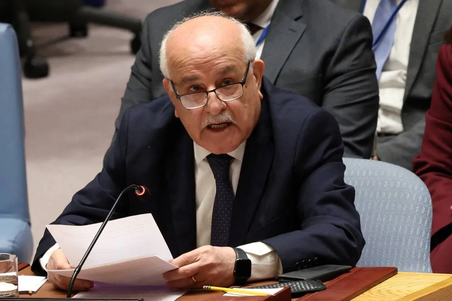 Permanent Observer for the State of Palestine to the United Nations, Riyad Mansour speaks during a United Nations Security Council meeting on the situation in Gaza, at UN headquarters in New York City, US, October 16, 2024. (Reuters) 
