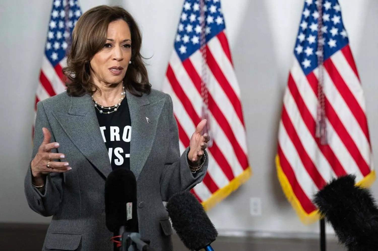  US Vice President and Democratic presidential candidate Kamala Harris speaks to the press before a campaign rally at Western International High School in Detroit, Michigan, October 19, 2024. (AFP) 