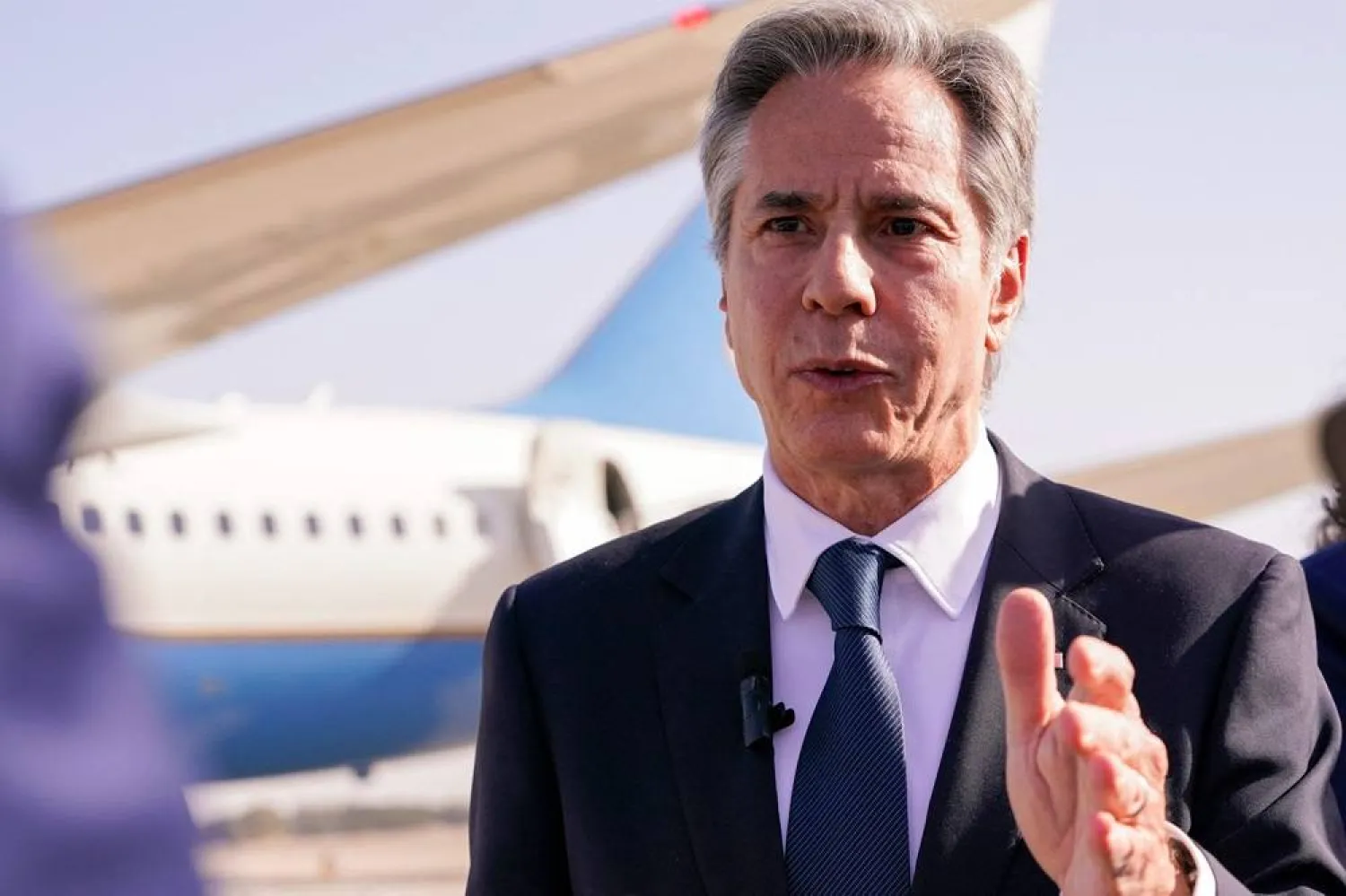  US Secretary of State Antony Blinken speaks to reporters on the tarmac at Ben Gurion International Airport in Lod on October 23, 2024 ahead of his departure for the next leg of his trip. (AFP) 