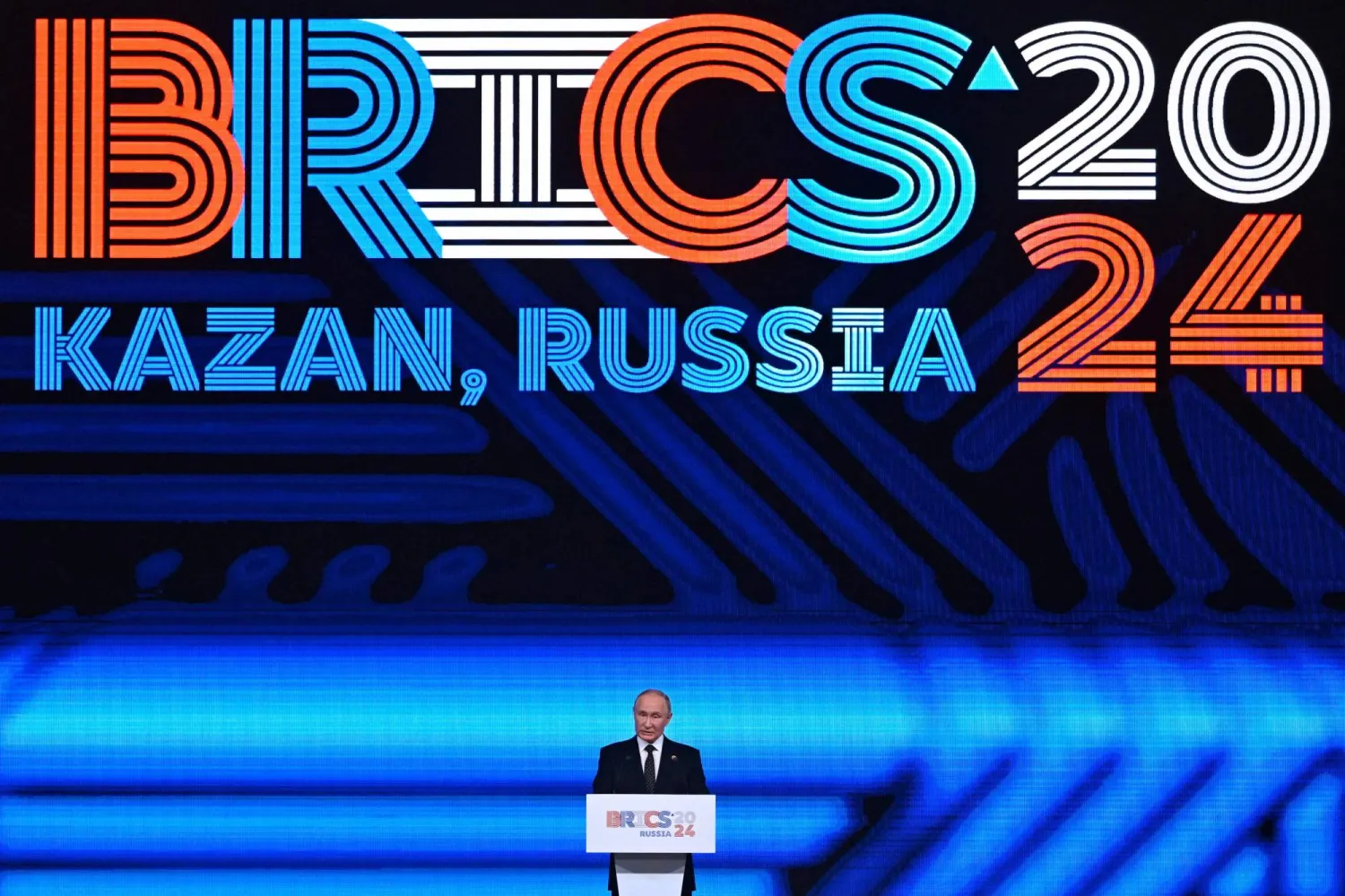 Russia's President Vladimir Putin delivers a speech during a festive reception of the BRICS summit in Kazan on October 23, 2024. (Photo by Alexander NEMENOV / POOL / AFP)