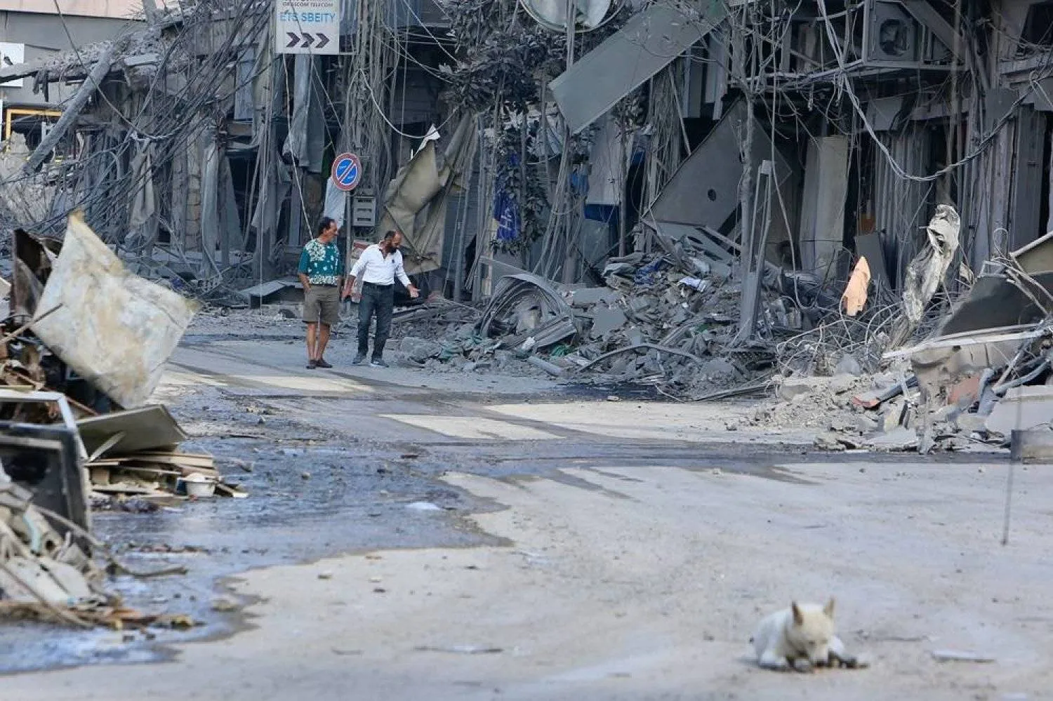 A dog sits on the ground as people check the destruction a day after Israeli airstrikes that targeted the southern Lebanese city of Nabatiyeh on October 17, 2024. (AFP)
