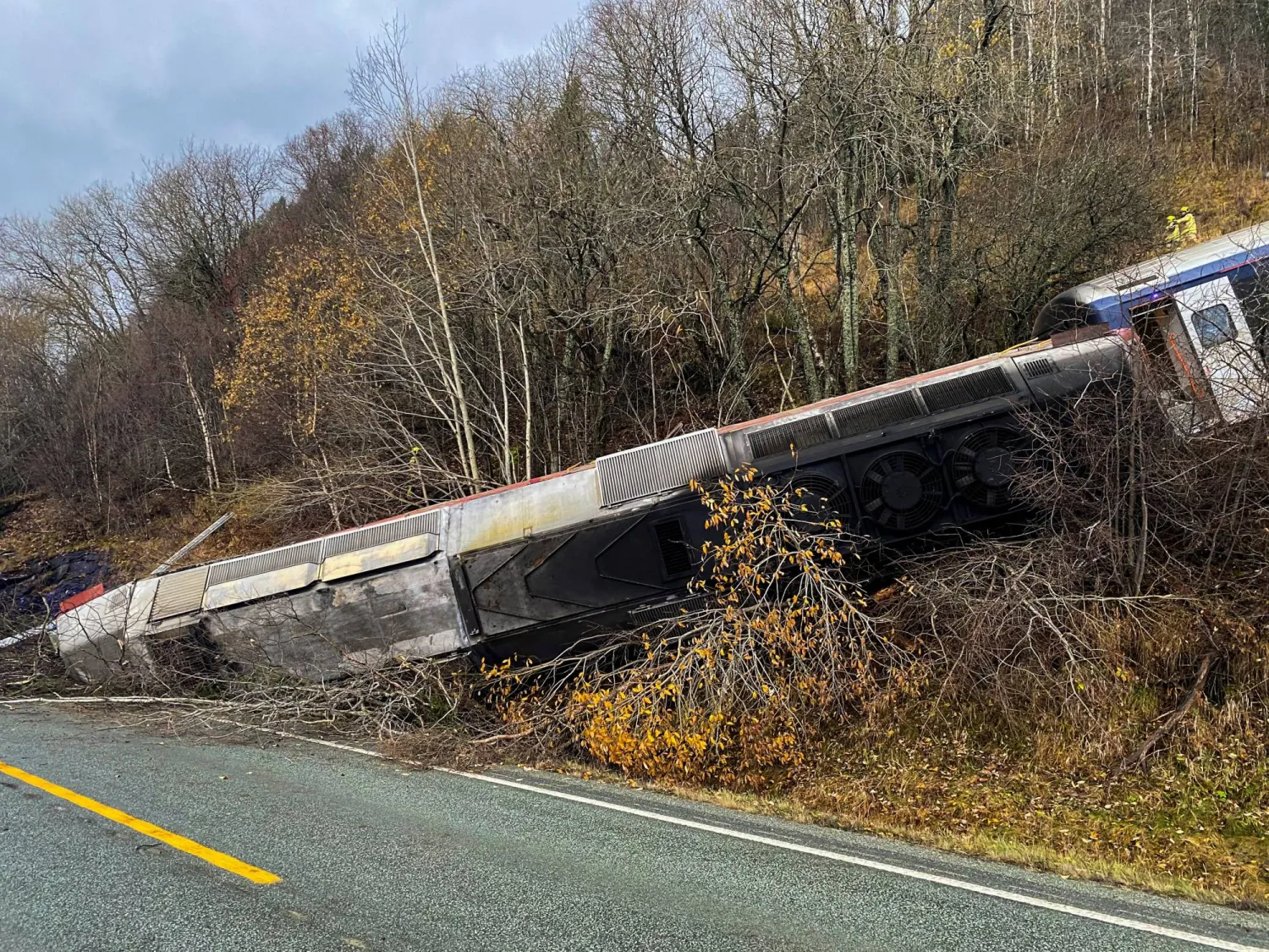 A derailed train is pictured in Finneidfjord, Nordland, Norway, October 24, 2024. NTB/Jan Kenneth Transeth/via REUTERS