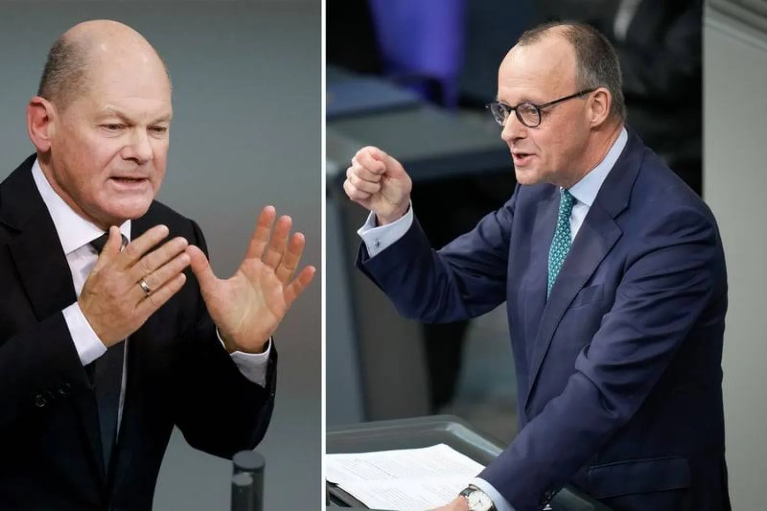 صورة مدمجة تظهر المستشار الألماني أولاف شولتس (يسار) وزعيم المعارضة فريدريش ميرتس في البوندستاغ (البرلمان) الألماني (رويترز)