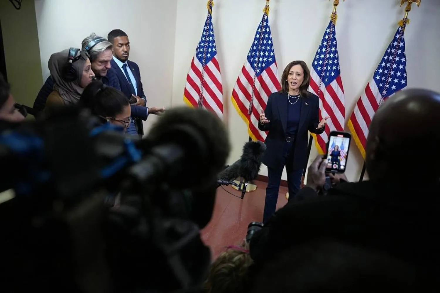 Democratic presidential nominee, US Vice President Kamala Harris speaks to the press after speaking at a church on October 27, 2024 in Philadelphia, Pennsylvania. (Getty Images/AFP)