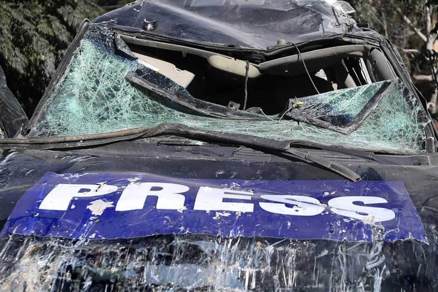 A destroyed journalists car is seen at the site where an Israeli airstrike hit a compound housing journalists, killing three media staffers from two different news agencies according to Lebanon's state-run National News Agency, in Hasbaya village, southeast Lebanon, Friday, Oct. 25, 2024. (AP)
