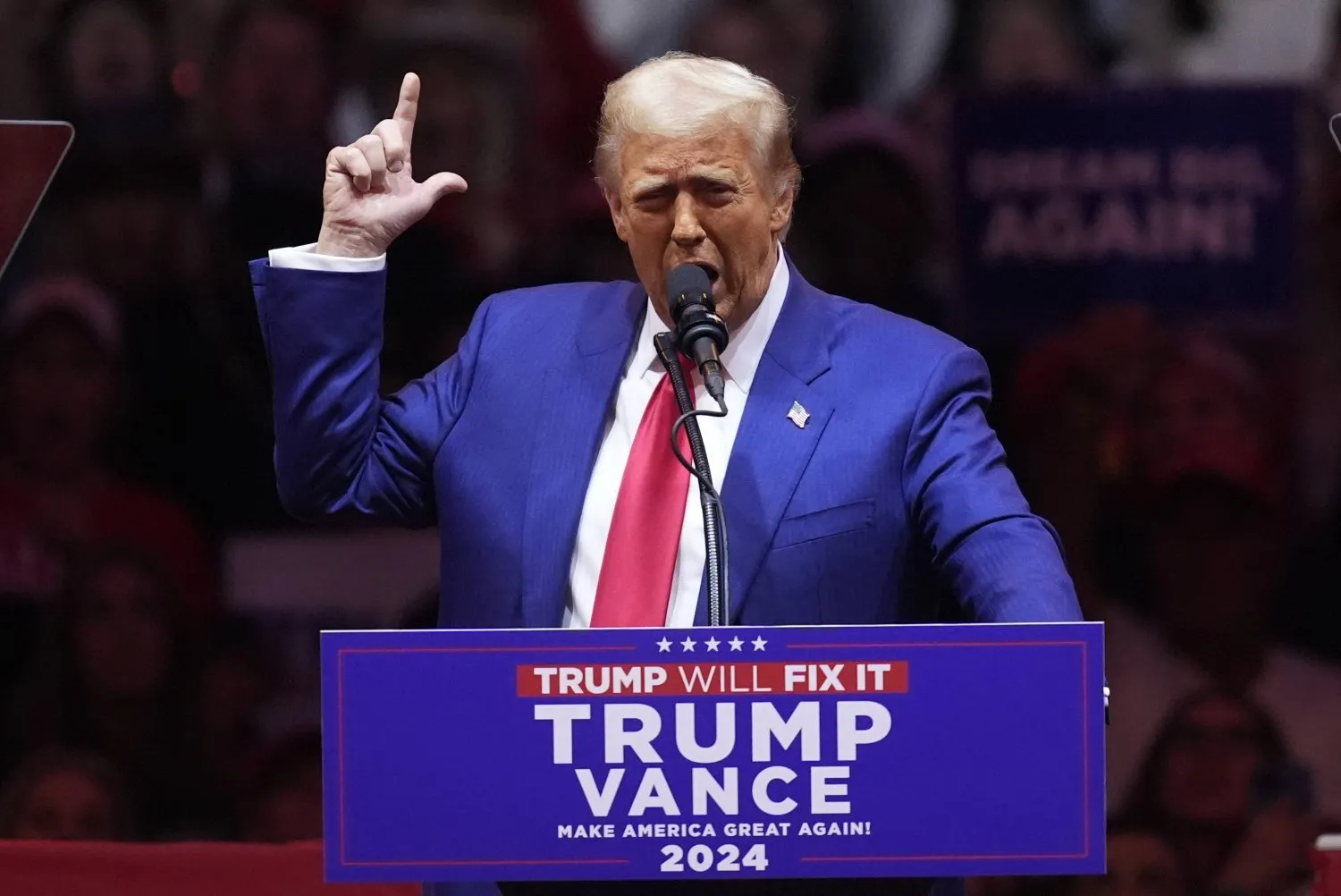 Donald Trump, Madison Square Garden'daki seçim mitinginde konuşuyor (AP)