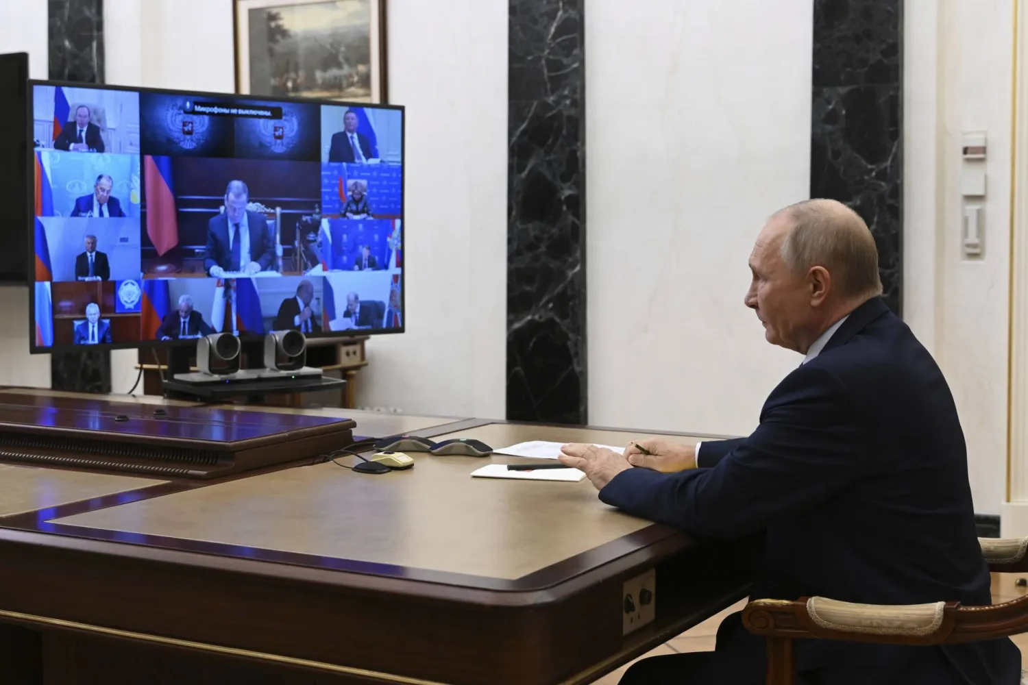 Russian President Vladimir Putin chairs the Security Council meeting via videoconference in Moscow, Russia, Friday, Oct. 25, 2024. (Pavel Byrkin, Sputnik, Kremlin Pool Photo via AP)