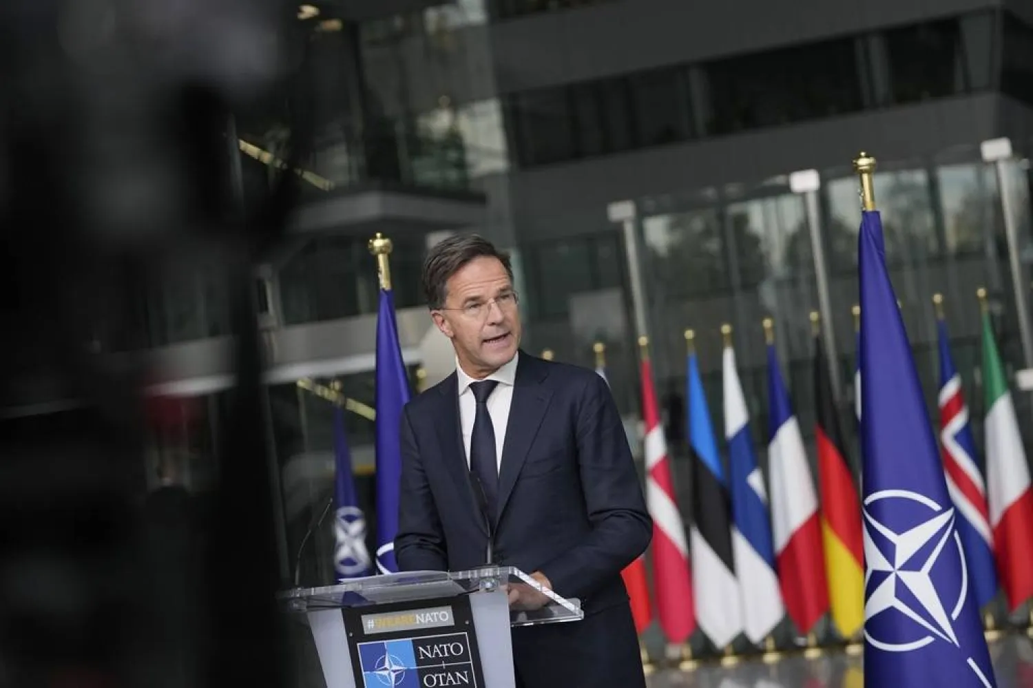  NATO Secretary-General Mark Rutte delivers a statement, after a meeting with a high level South Korean delegation including top intelligence and military officials as well as senior diplomats briefed NATO diplomats, at NATO headquarters in Brussels on Monday, Oct. 28, 2024. (AP)