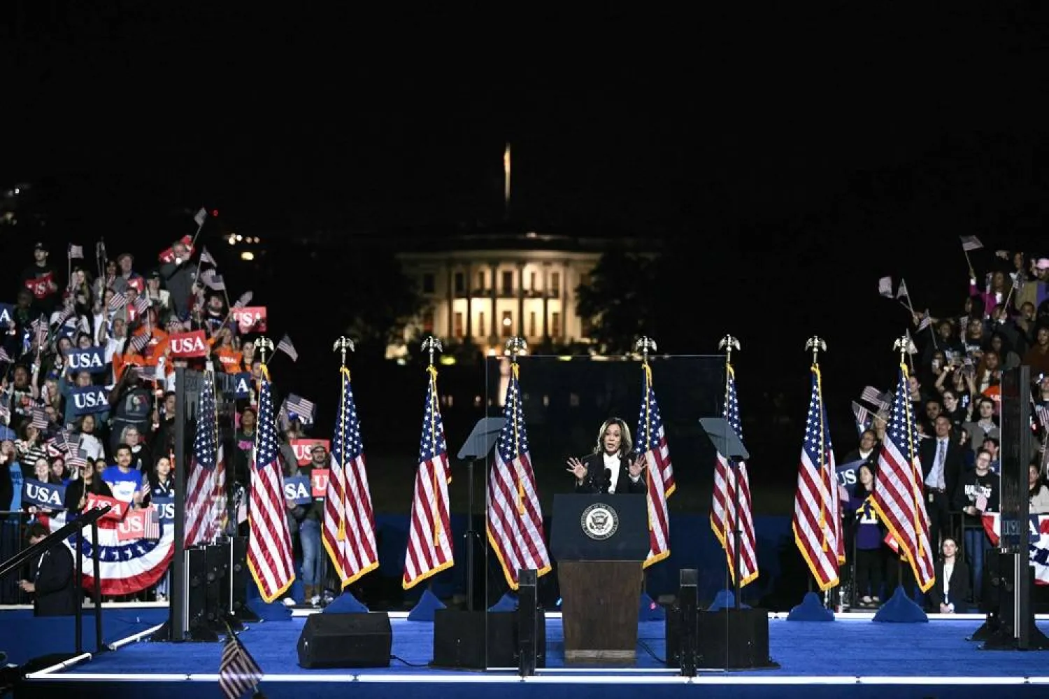 US Vice President and Democratic presidential candidate Kamala Harris speaks on The Ellipse just south of the White House in Washington, DC, on October 29, 2024. (AFP)