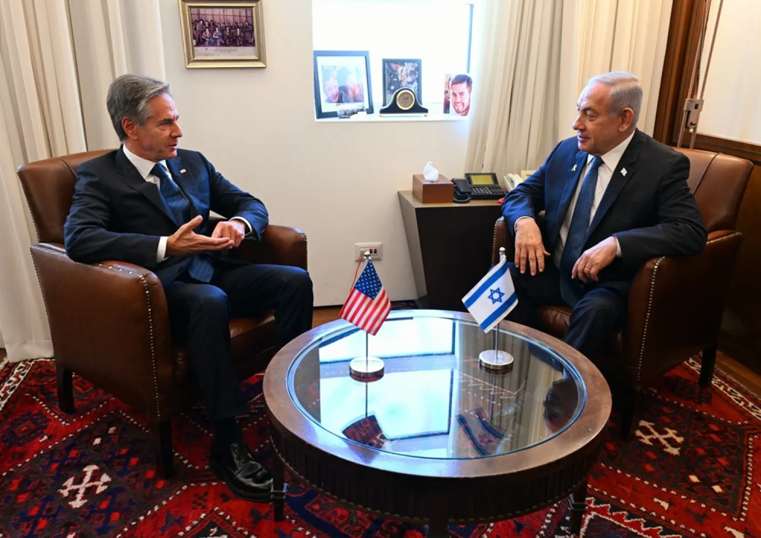 A handout photo made available by Israel's Government Press Office (GPO) shows Israeli Prime Minister Benjamin Netanyahu (R) and US Secretary of State Antony Blinken, meeting in Jerusalem 22 October 2024. (EPA/Handout) 