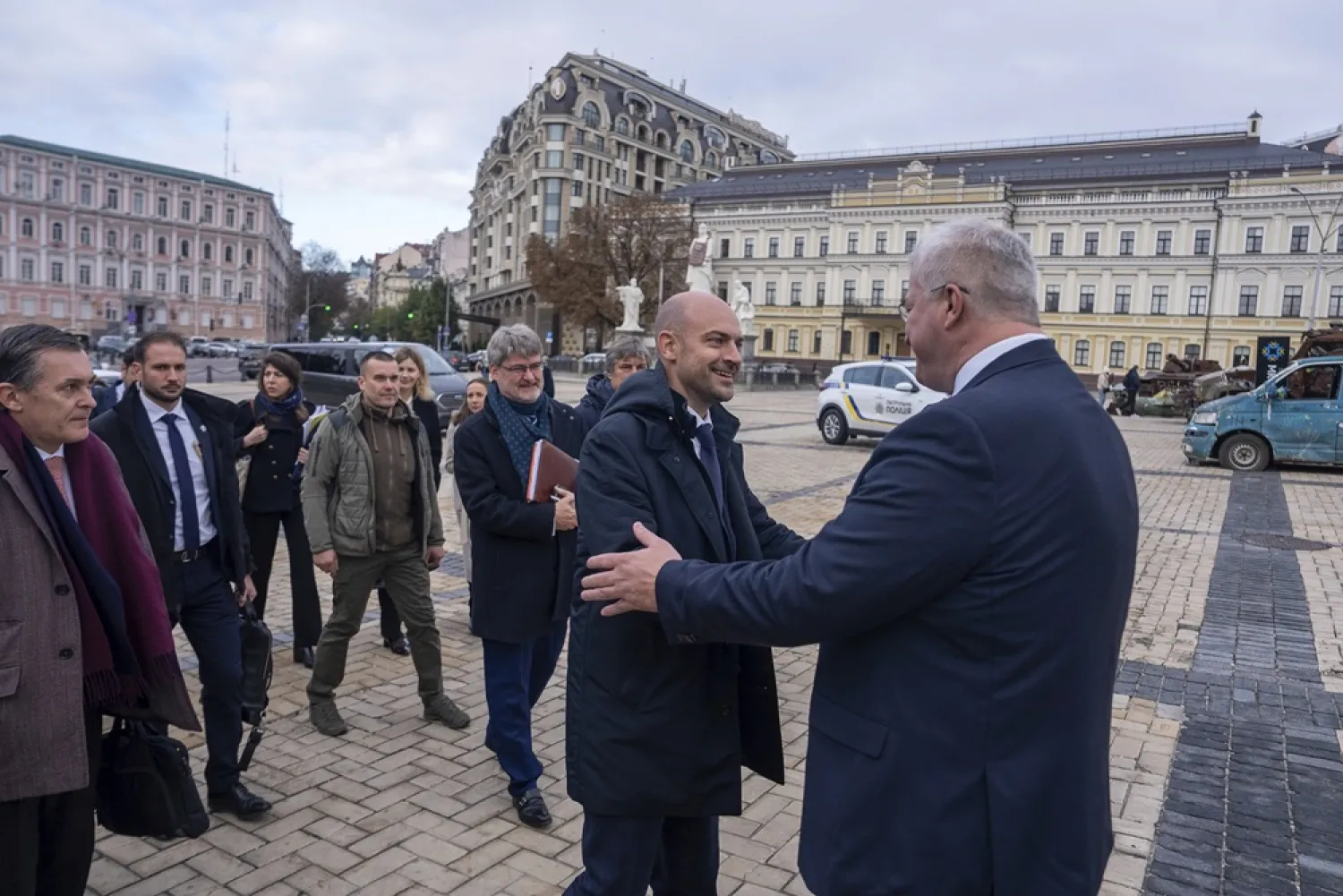 French Foreign Minister Jean-Noel Barrot shake hand with Ukrainian Minister of Foreign Affairs Andrii Sybiha in central Kyiv, Ukraine, Saturday, Oct. 19, 2024. (AP) 