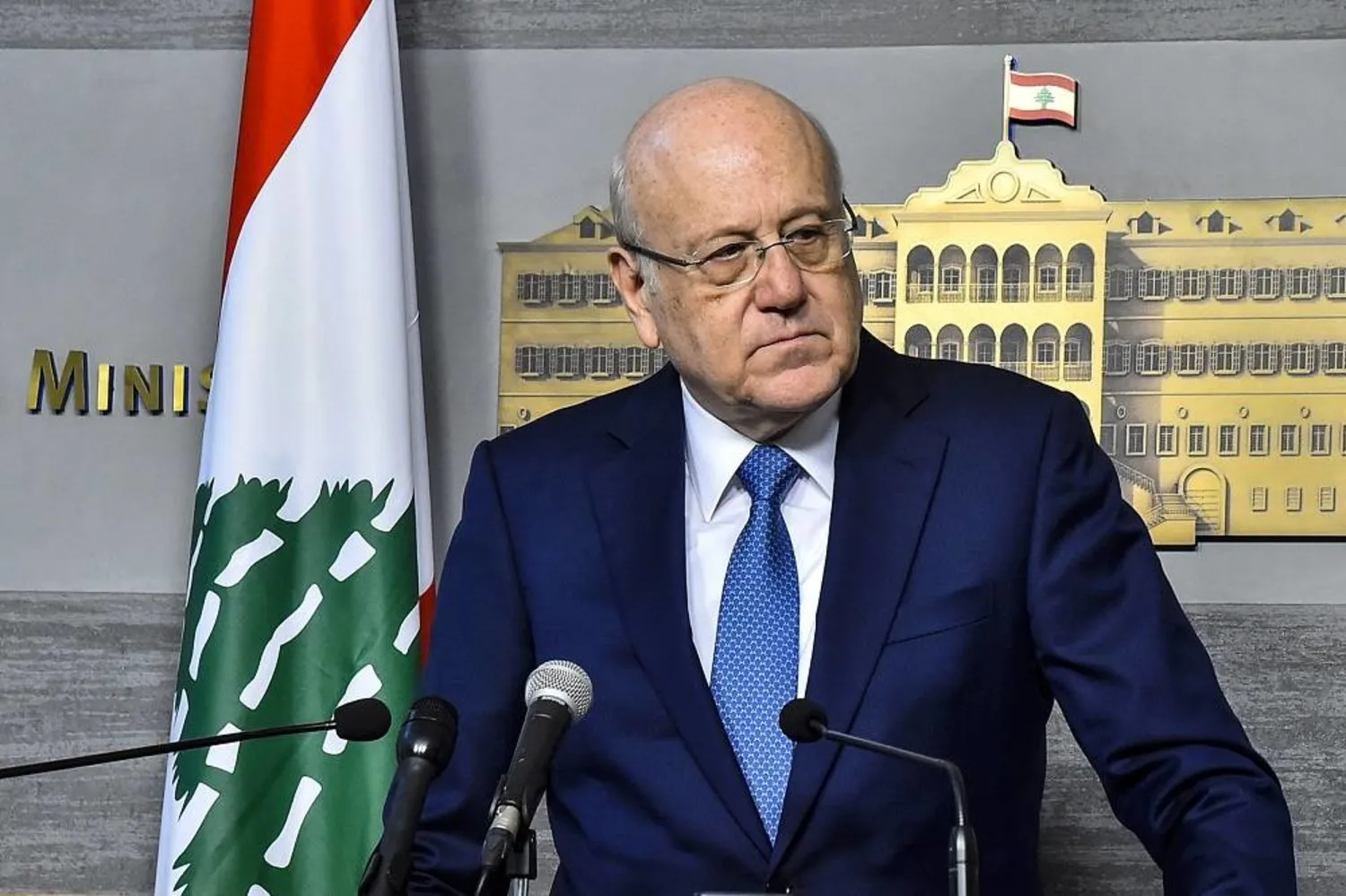 27 March 2023, Lebanon, Beirut: Lebanese caretaker Prime Minister Najib Mikati speaks during a press conference following a meeting of cabinet. (Dalati & Nohra)