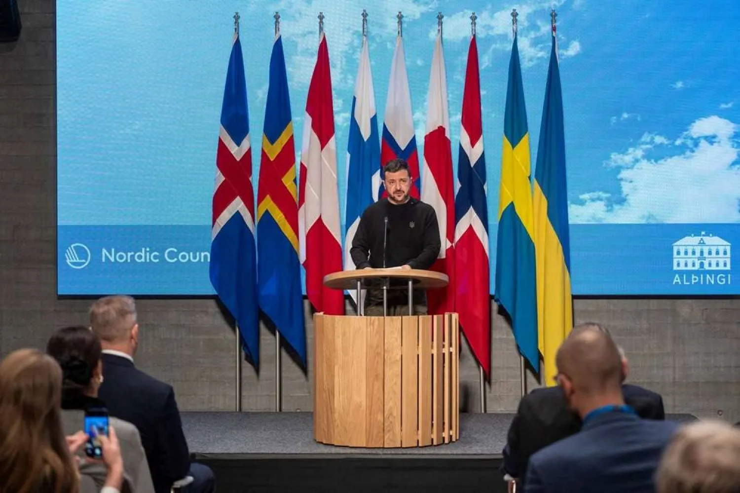 Ukrainian President Volodymyr Zelenskiy speaks at the opening of the Nordic Council session in Reykjavik, Iceland October 29, 2024. (Magnus Froederberg/norden.org/Nordic Council/Handout via Reuters)