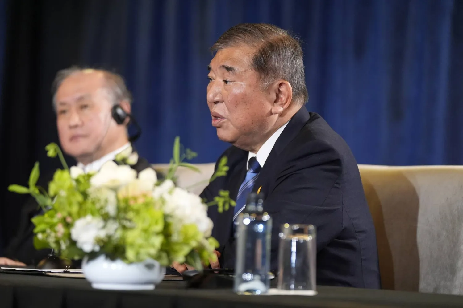 Prime Minister of Japan Shigeru Ishiba speaks during a trilateral meeting with President Joe Biden and the President of South Korea Yoon Suk Yeol in Lima, Peru, Friday, Nov. 15, 2024. (AP Photo/Manuel Balce Ceneta)