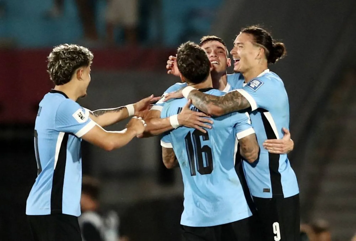  Soccer Football - World Cup - South American Qualifiers - Uruguay v Colombia - Estadio Centenario, Montevideo, Uruguay - November 15, 2024 Uruguay's Manuel Ugarte celebrates scoring their third goal with teammates. (Reuters)