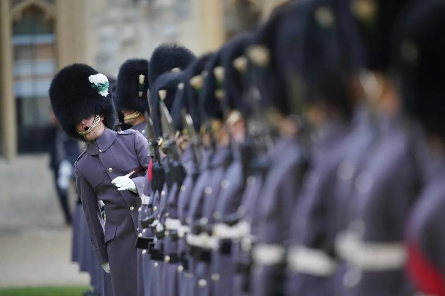 The 1st Battalion Welsh Guards prepare for an inspection by Britain's King Charles III and Bahrain's King Hamad bin Isa Al Khalifa during his visit to the UK to mark the year of his Silver Jubilee, at Windsor Castle, Windsor, England, Monday Nov. 11, 2024. (AP) 