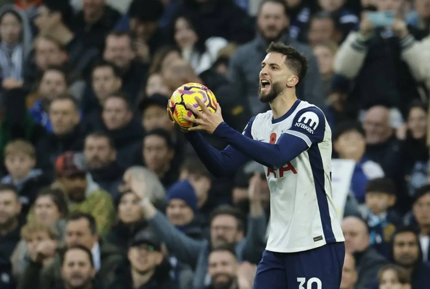 Rodrigo Bentancur of Tottenham celebrates scoring the 1-2 goal during the English Premier League match between Tottenham Hotspur and Ipswich Town in London, Britain, 10 November 2024. (EPA)