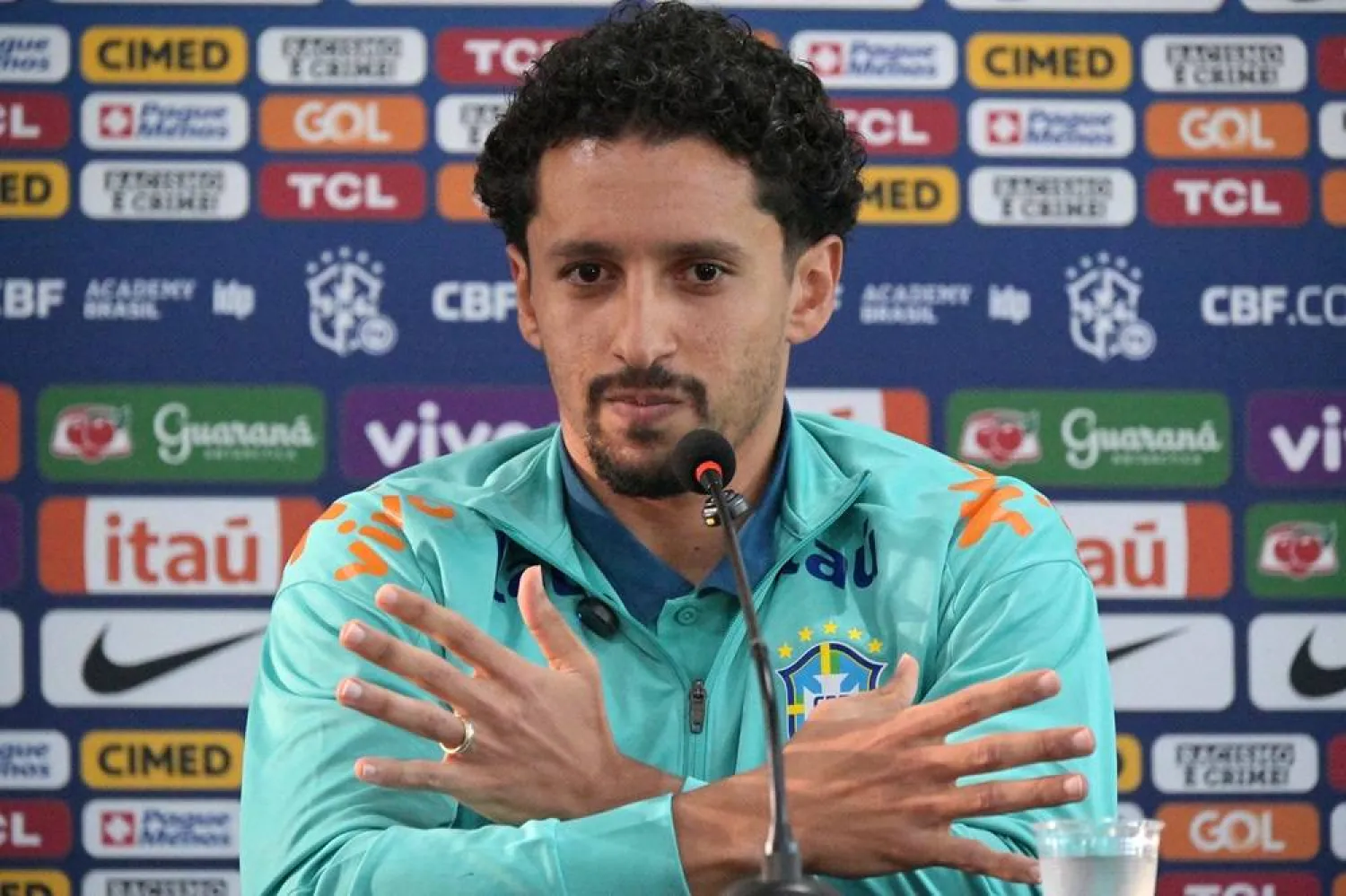 Brazil's player Marquinhos gestures during a press conference following a training of the Brazil national football team at the Manuel Barradas stadium in Salvador, Bahia State, Brazil, on November 17, 2024, ahead of the 2026 FIFA World Cup qualifier football match against Uruguay. (AFP) 