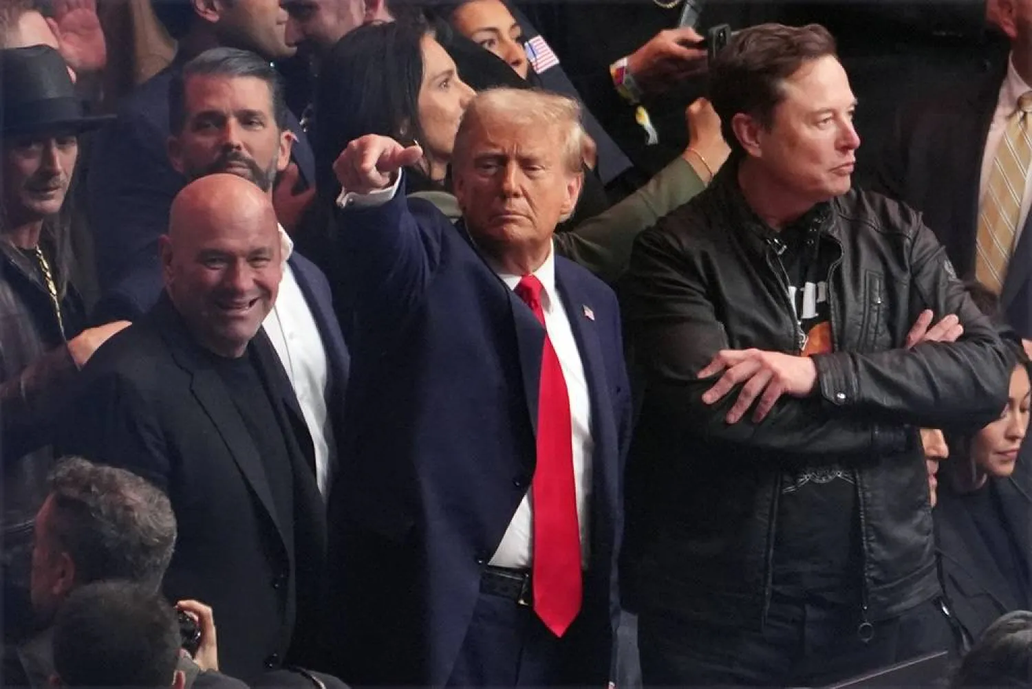  President-elect Donald Trump attends UFC 309 at Madison Square Garden, Saturday, Nov. 16, 2024, in New York, with Kid Rock, Donald Trump Jr., Dana White and Elon Musk. (AP)