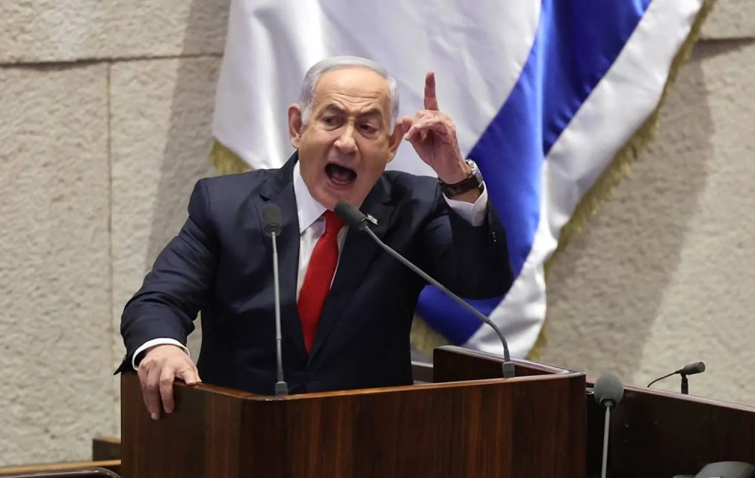 Israeli Prime Minister Benjamin Netanyahu speaks during a discussion called on by the opposition on the release of the Israeli hostages held by Hamas, at the Knesset in Jerusalem, Israel, 18 November 2024. (EPA)