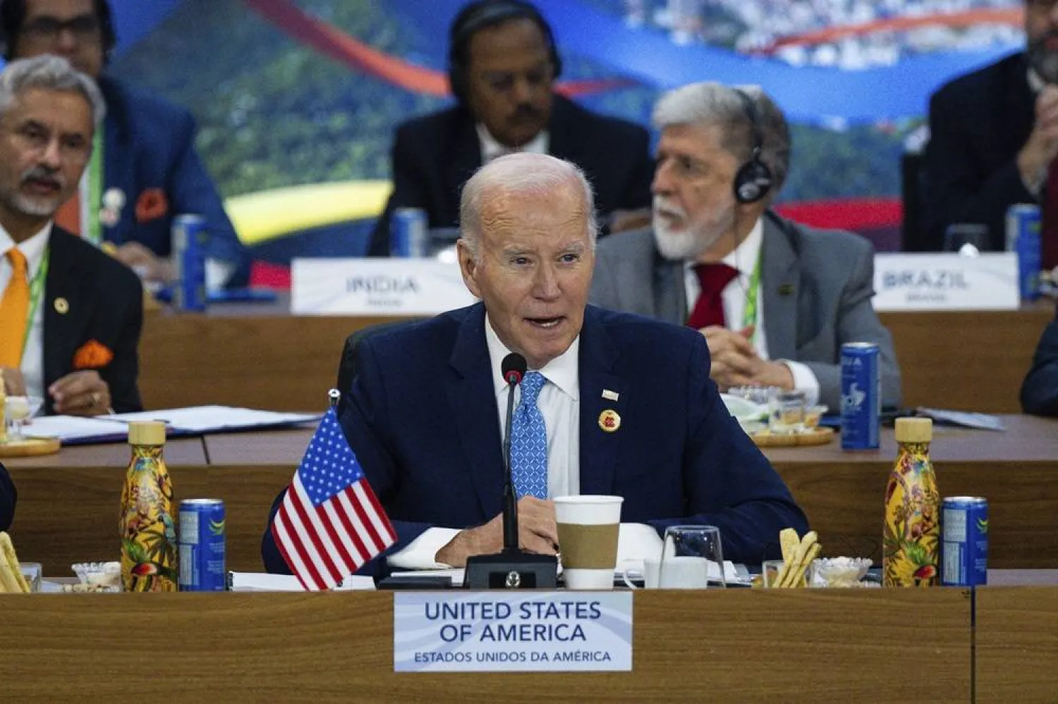  President Joe Biden speaks as other G20 leaders listen during the G20 Summit at the Museum of Modern Art in Rio de Janeiro, Monday, Nov. 18, 2024. (Eric Lee/The New York Times via AP, Pool) 