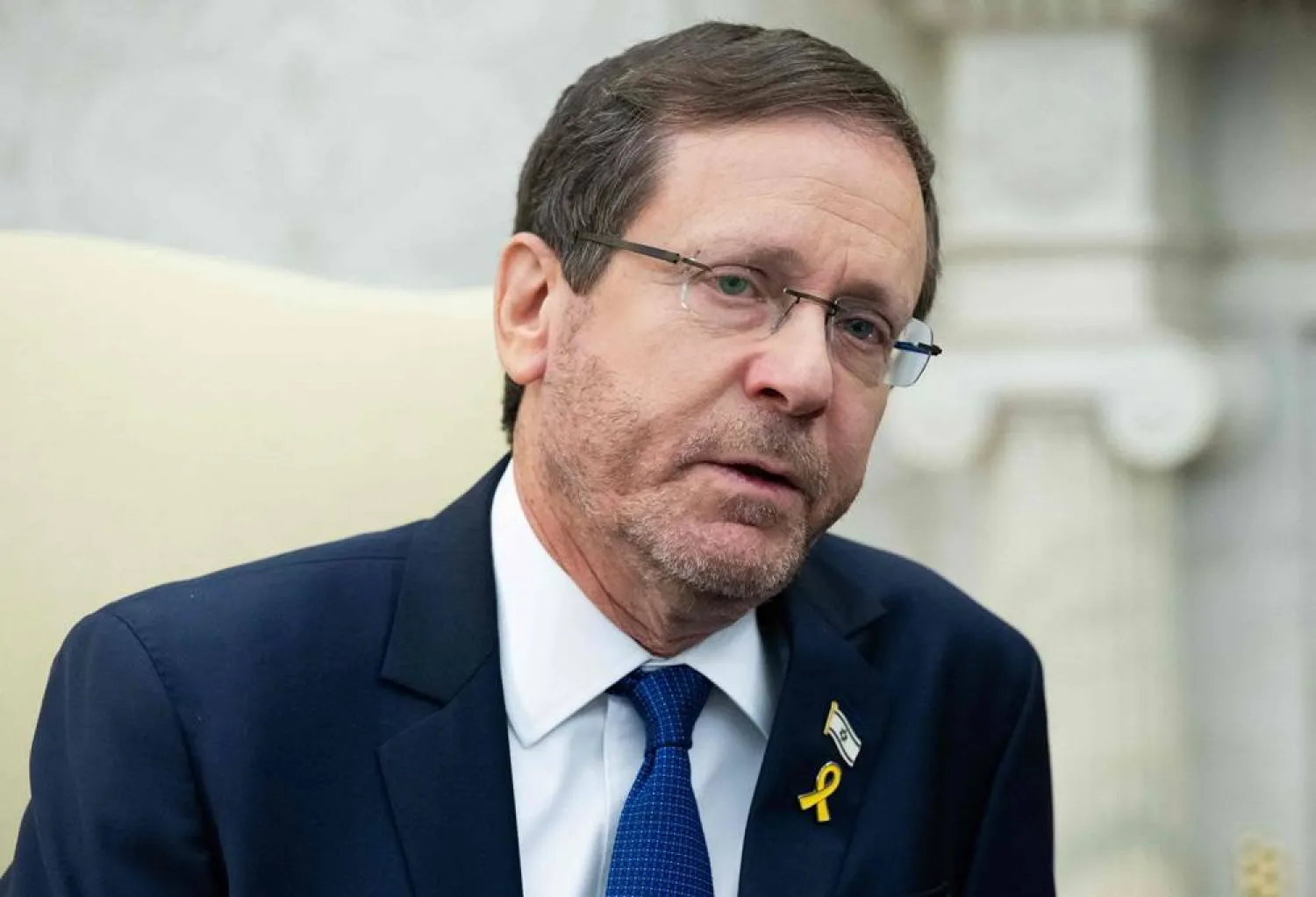 Israeli President Isaac Herzog speaks during a meeting with US President Joe Biden in the Oval Office of the White House in Washington, DC, on November 12, 2024. (AFP) 