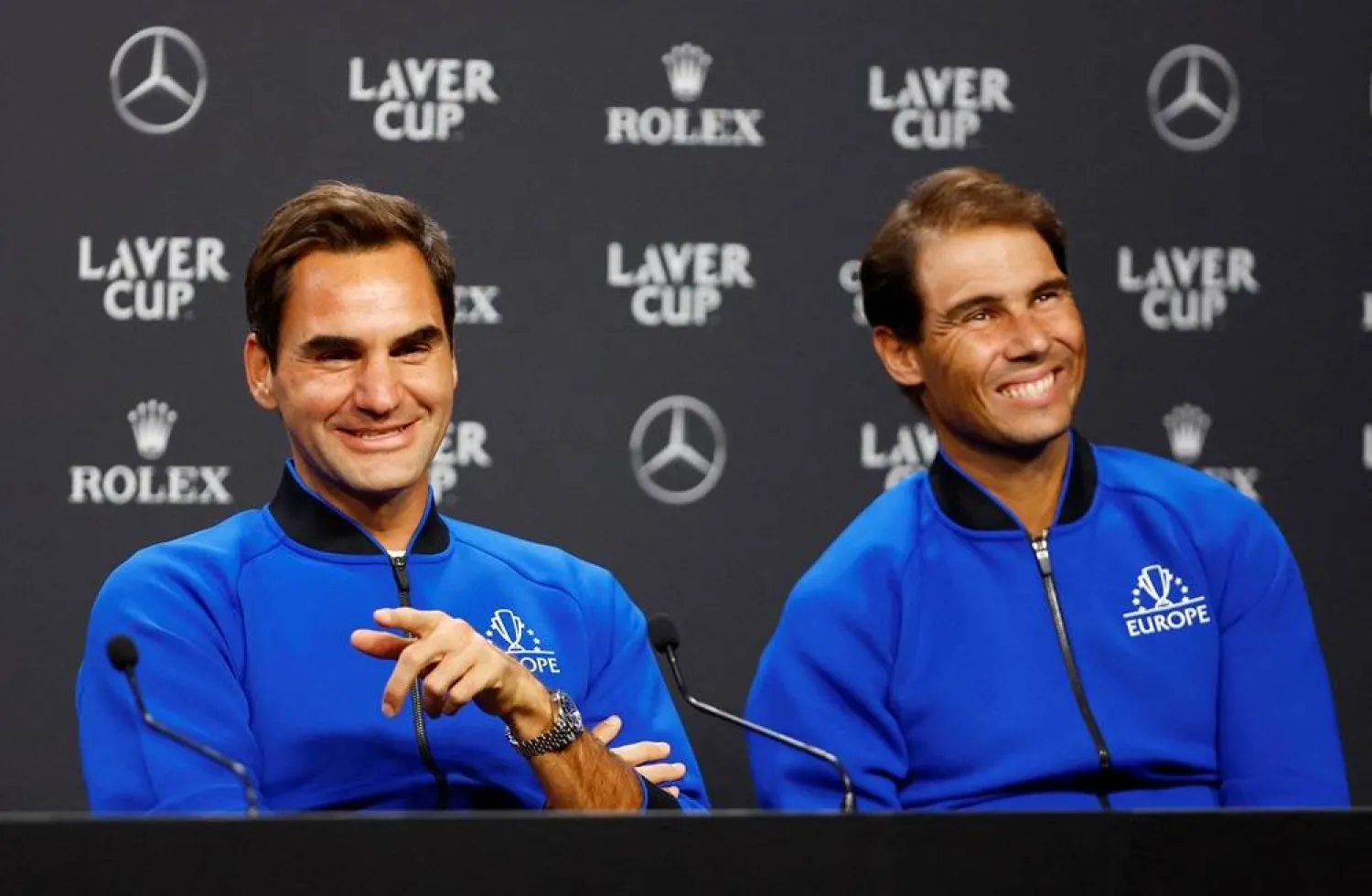 Tennis - Laver Cup - Media Day - 02 Arena, London, Britain - September 22, 2022 Team Europe's Roger Federer and Rafael Nadal during a press conference Action Images via Reuters/Andrew Boyers/File Photo 