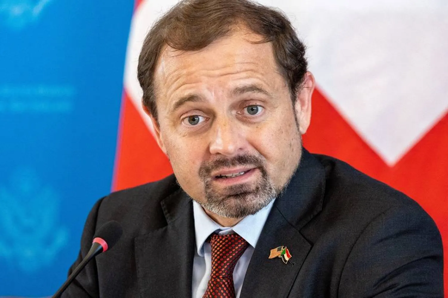 The US special envoy for Sudan, Tom Perriello, attends a press briefing on the sidelines of Sudan peace talks at the US Mission in Geneva, Switzerland, August 23, 2024. (Reuters)