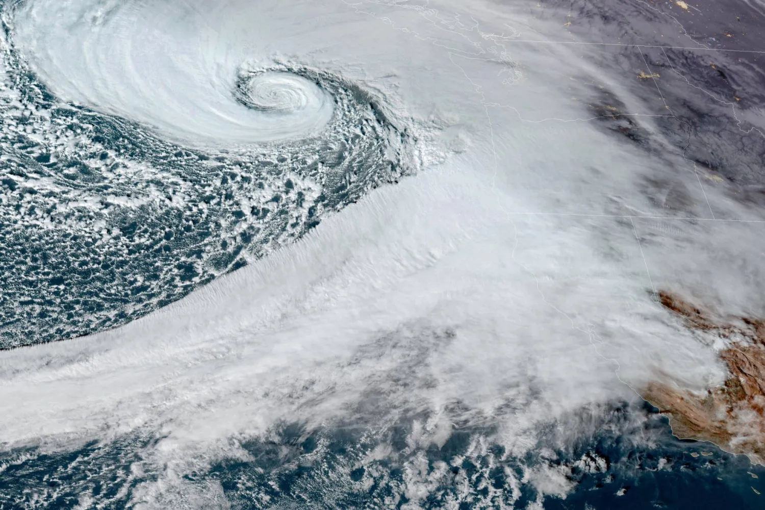 A low pressure storm system known as a "bomb cyclone" forms off the coast of the US Pacific Northwest and western Canada in a composite satellite image November 19, 2024. CIRA/NOAA/Handout via REUTERS