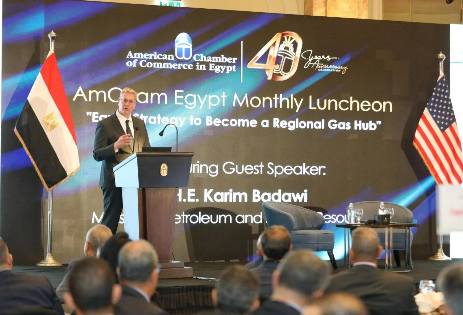 Egyptian Petroleum Minister Karim Badawi speaks at an event hosted by the American Chamber of Commerce in Cairo. (Egyptian Ministry of Petroleum) 