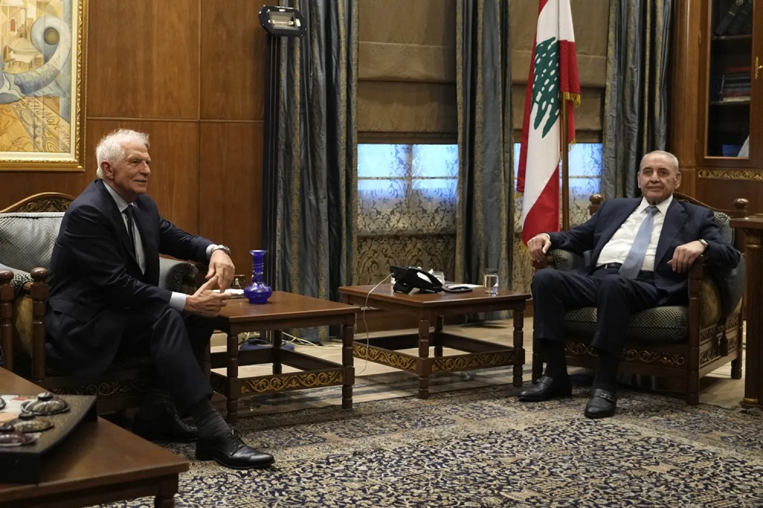 European Union foreign policy chief Josep Borrell, left, meets with Lebanese parliament speaker Nabih Berri, right, in Beirut, Lebanon, Sunday, Nov. 24, 2024. (AP) 