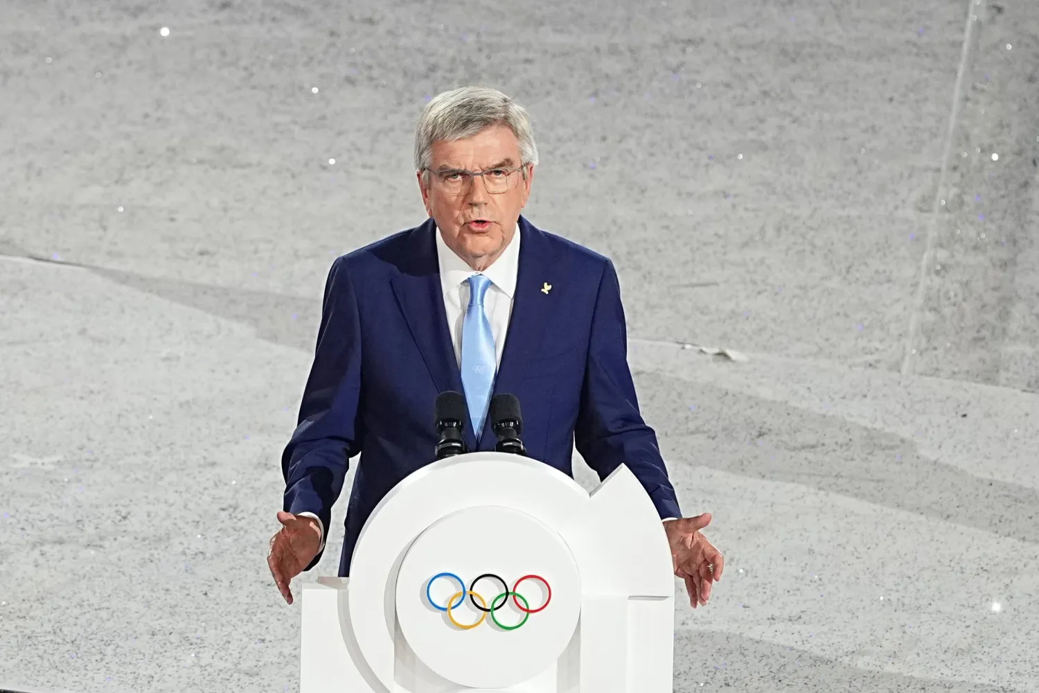 FILED - 11 August 2024, France, Paris: International Olympic Committee (IOC) President Thomas Bach speaks at the Stade de France during the closing ceremony of the Paris 2024 Olympic Games. Photo: Michael Kappeler/dpa
