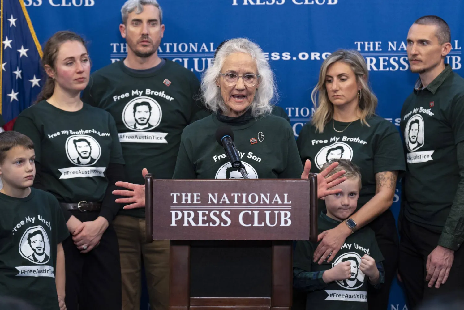 Surrounded by her children and their families, Debra Tice, mother of Austin Tice, speaks during a news conference updating the media about her eldest son's condition as the family continues to push for his release, Friday, Dec. 6, 2024, at the National Press Club in Washington. (AP Photo/Jacquelyn Martin)