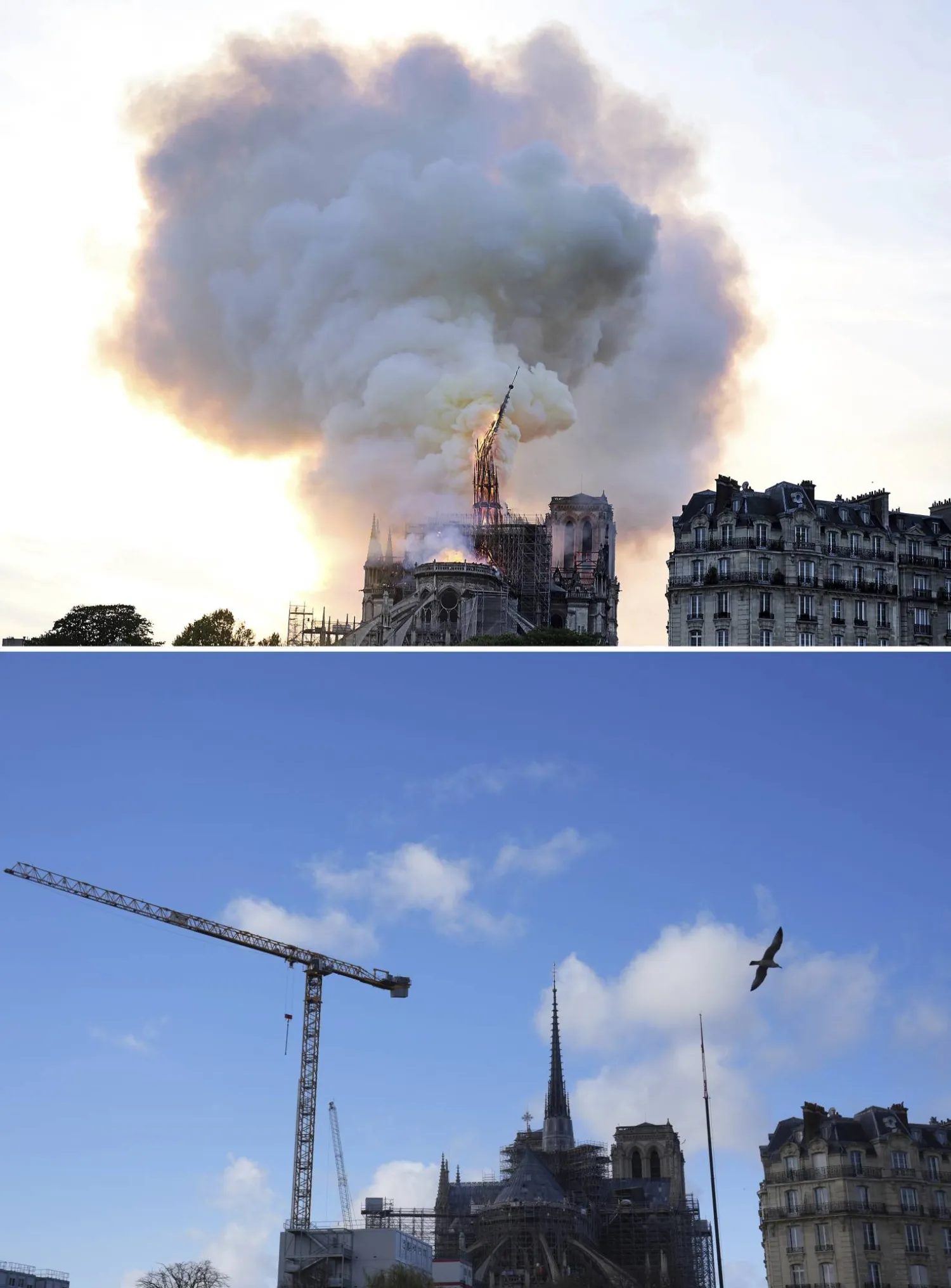 صورتان لكاتدرائية نوتردام لدى اندلاع النيران فيها عام 2019 وبعد اكتمال عملية الترميم (أ.ب)
