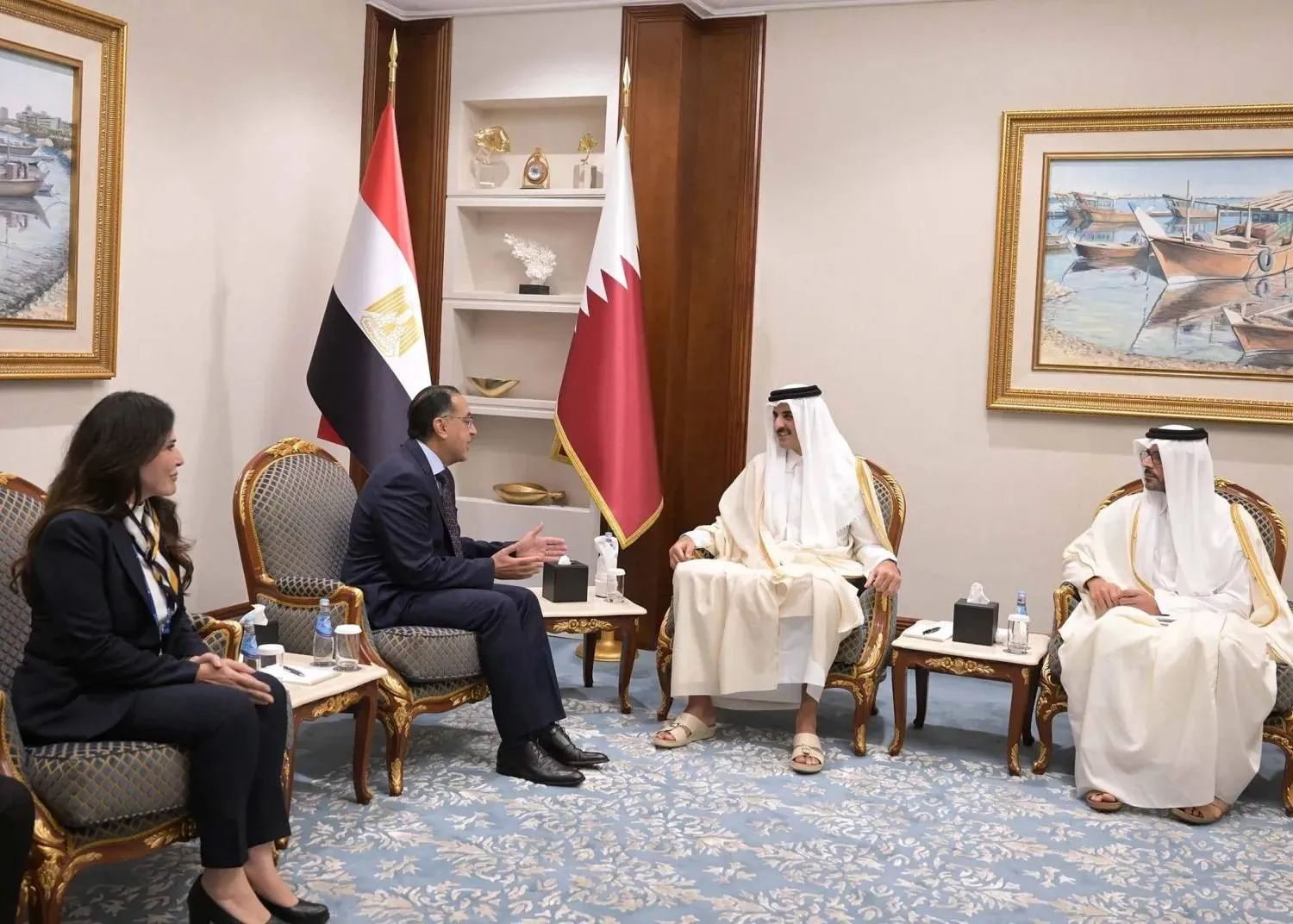 Qatari Emir Sheikh Tamim bin Hamad Al Thani meets Egyptian Prime Minister Mostafa Madbouly in Doha on Saturday (Egyptian cabinet presidency)