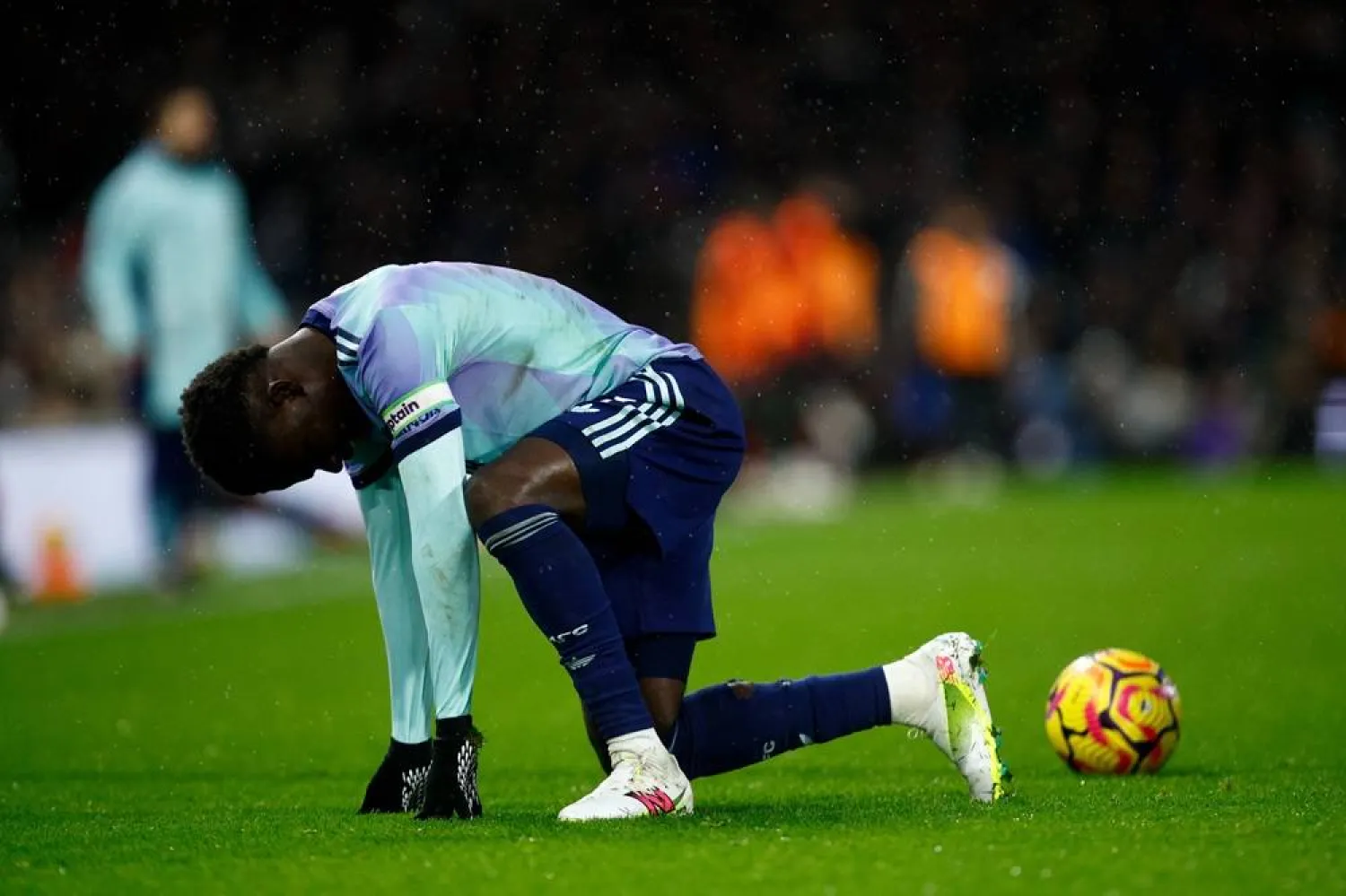 Bukayo Saka of Arsenal reacts during the English Premier League soccer match between Fulham FC and Arsenal FC, in London, Britain, 08 December 2024. (EPA) 