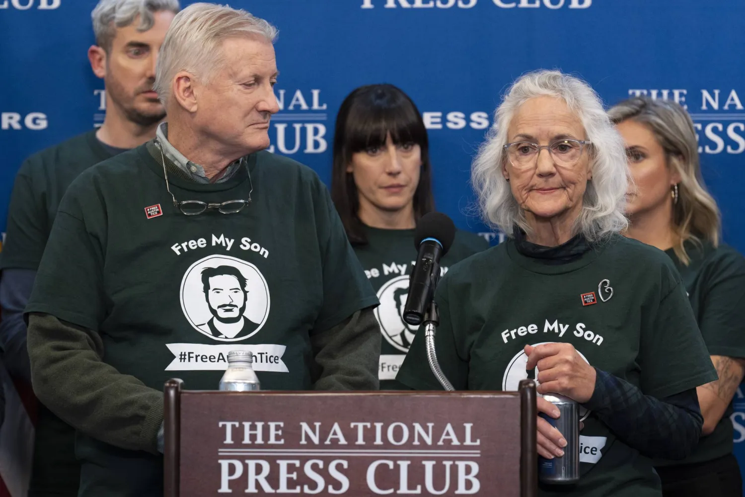 Marc Tice, left, and Debra Tice, the parents of Austin Tice, a journalist who was kidnapped in Syria, update the media about their son's condition as they continue to push for his release, Friday, Dec. 6, 2024,  during a news conference at the National Press Club in Washington. (AP Photo/Jacquelyn Martin)