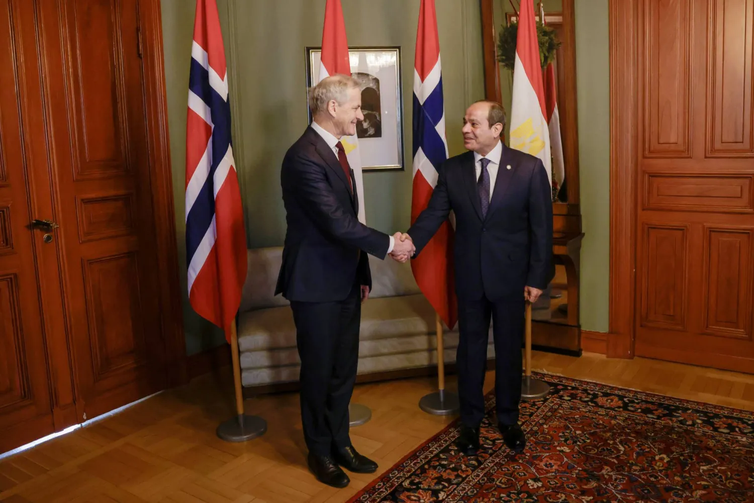Norwegian Prime Minister Jonas Gahr Store (L) shakes hands with Egyptian President Abdel Fattah El-Sisi (R) during their meeting at the State House of Representatives in Oslo, Norway, 09 December 2024. EPA/JONAS BEEN HENRIKSEN